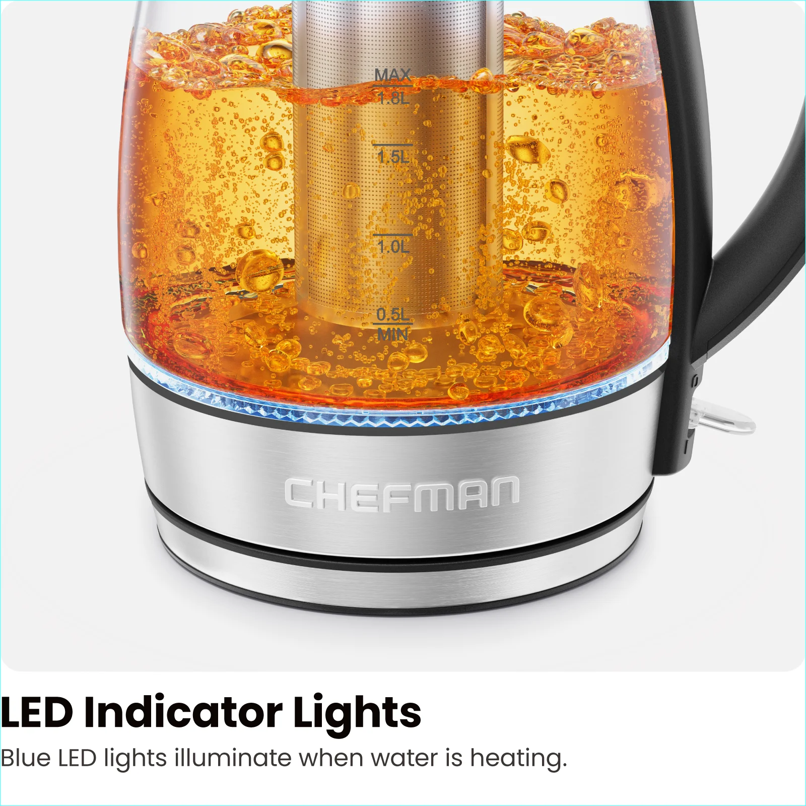 Chefman Fast Boiling 1.8L Electric Glass Kettle, Removable Tea Infuser, LED Lights, Stainless Steel