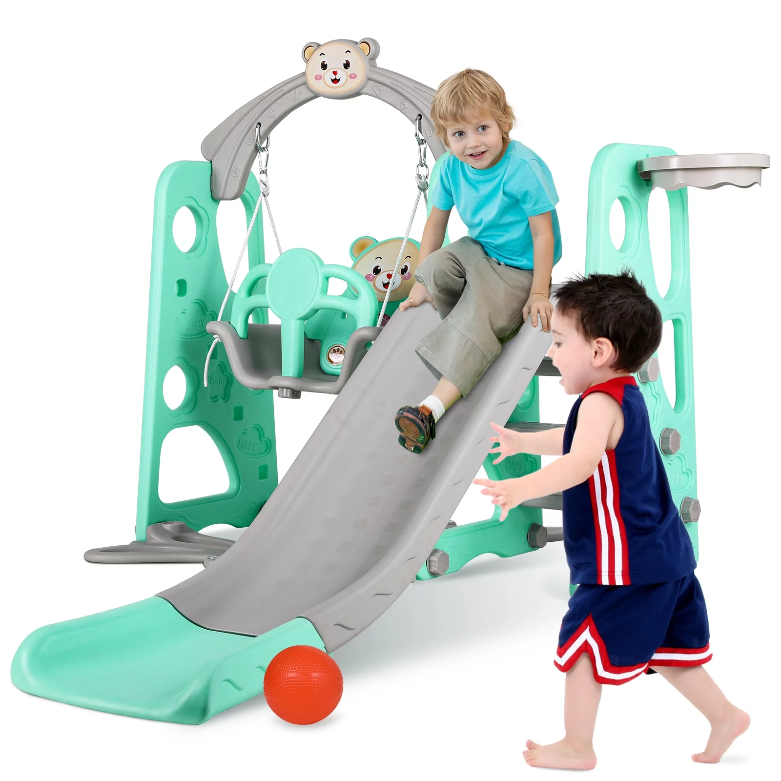 Increkid Kids Slide and Swing Set, Toddler Climber Baby Slide Playset W/ Basketball Hoop