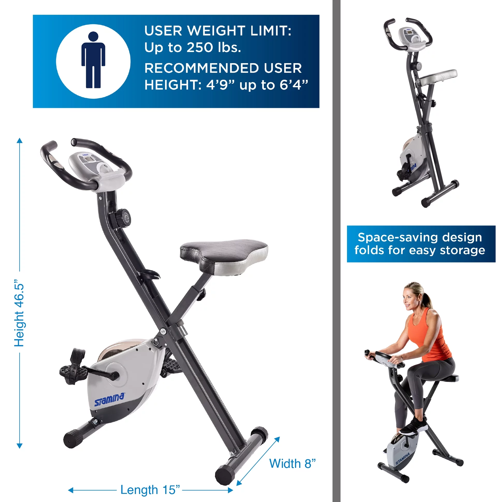 Stamina Folding Cardio Upright Exercise Bike with Heart Rate Sensors and Extra Wide Padded Seat