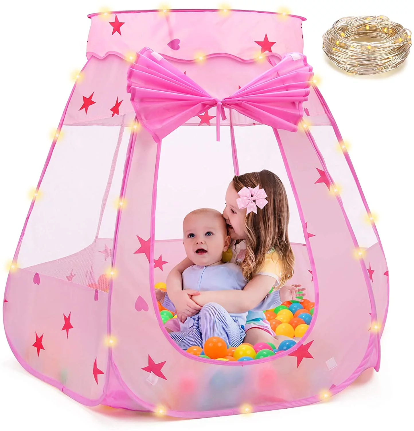 BEAURE Baby Girl Play Tent Pink Princess Playhouse with String Lights Ball Pit Toys for Toddlers Kids Ages 3-6