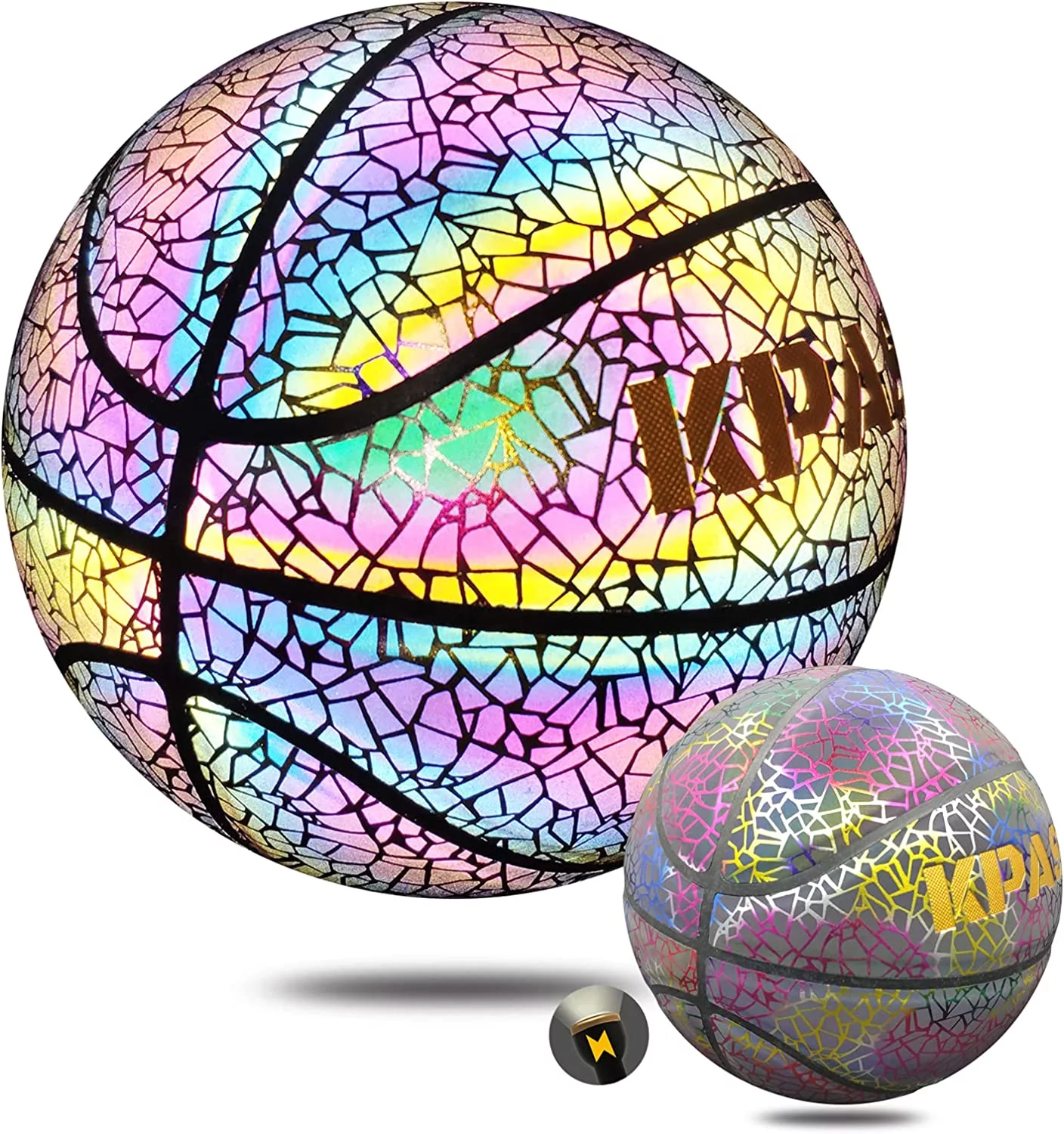 KPASON Basketball, Holographic Basketball Size 5 (27.5″) & Size 7 (29.5″) for Kids & Adults, Reflective Glowing Composite Leather Basketball, Indoor Outdoor Night Basketball Gifts for Boys Girls