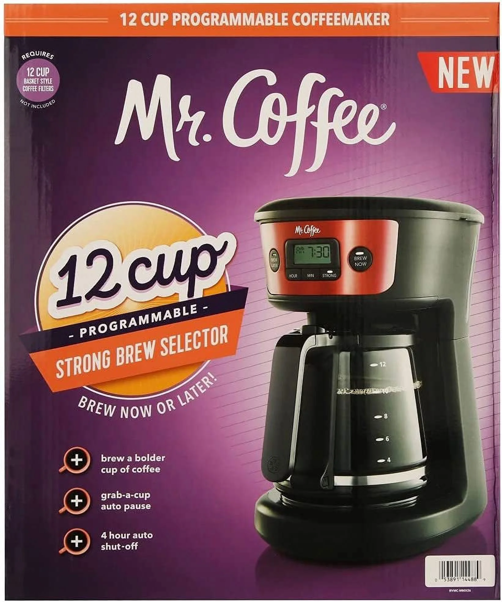 Mr. Coffee 12-Cup Programmable Coffeemaker, Strong Brew Selector, Stainless Steel.