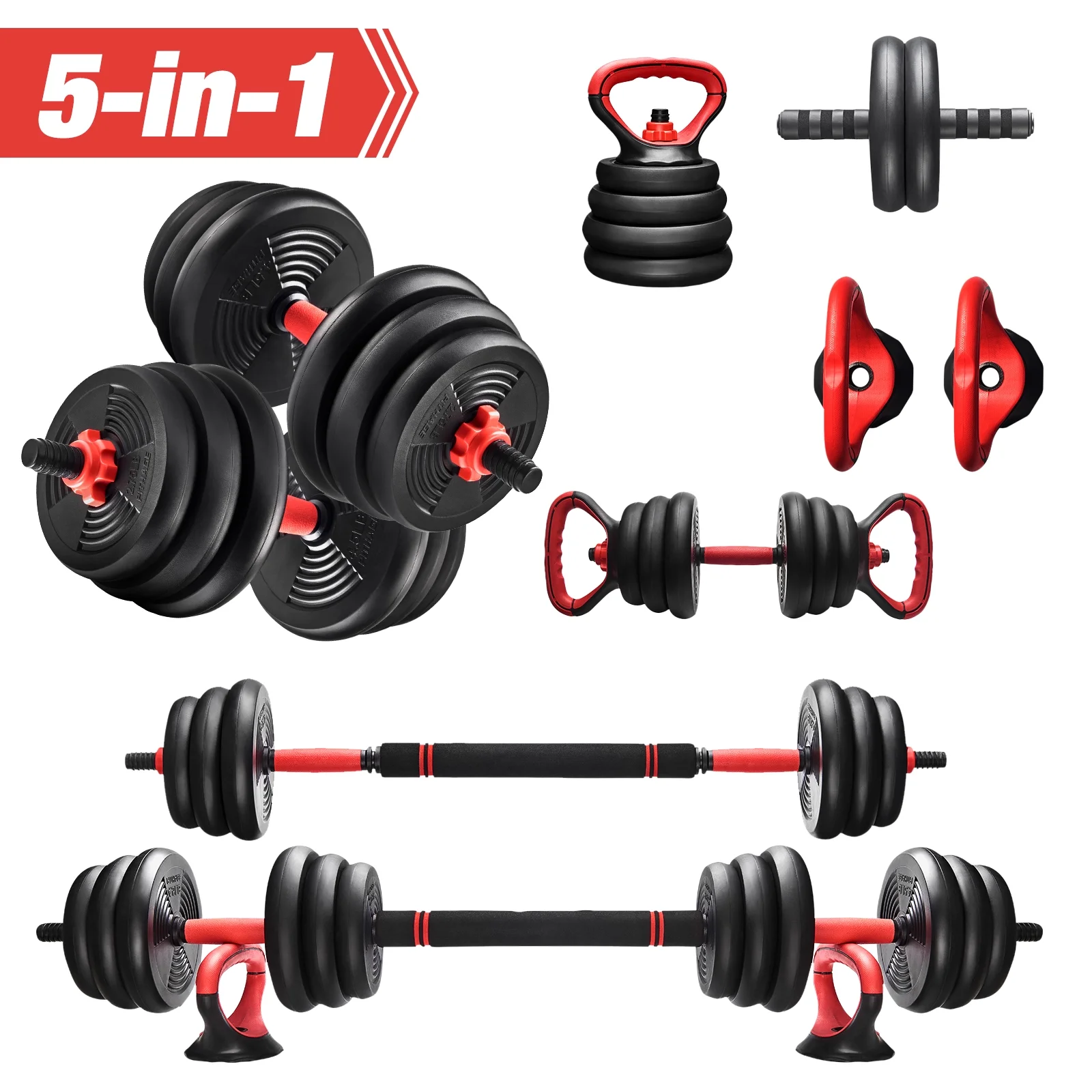 Pithage 5-in-1 Adjustable Dumbbell Set 45lb Free Weights Dumbbells Barbell Kettlebells Set for Workout, Black