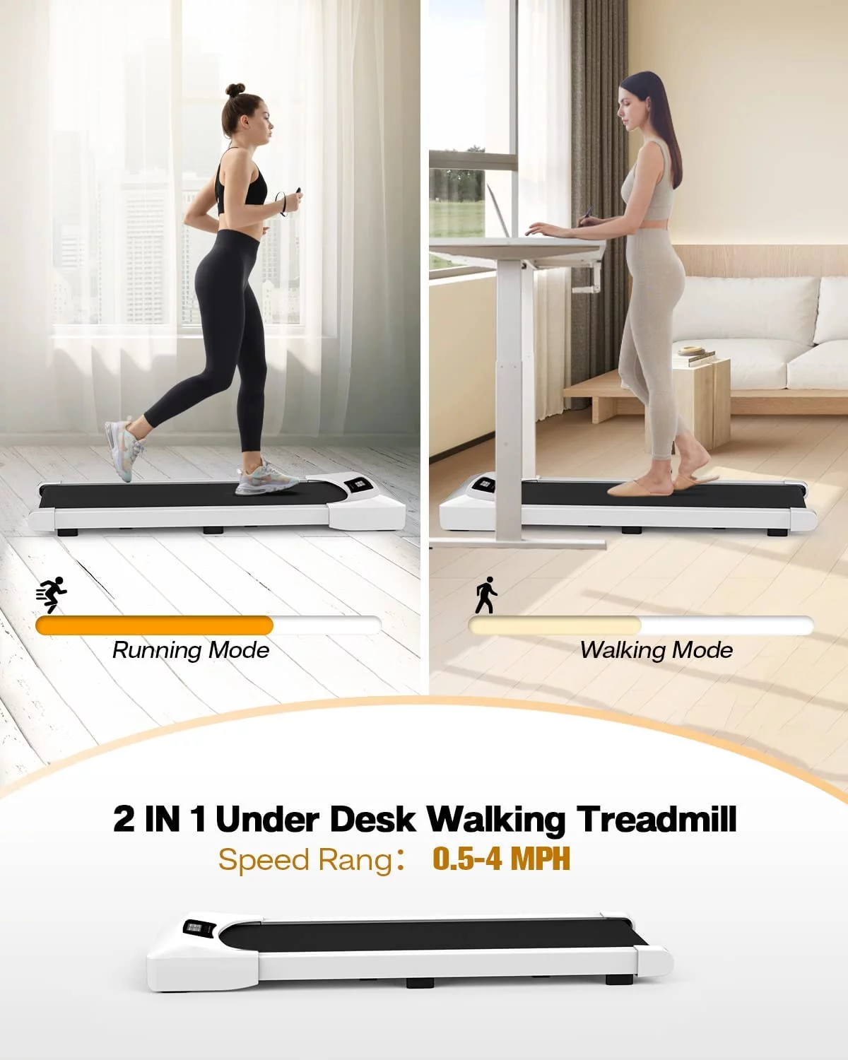 Portable Treadmill with Foldable Wheels, Under Desk Walking Jogging Machine Flat Slim Treadmill, Sports App, Installation-Free, Remote Control, Jogging Running Machine for Home/Office