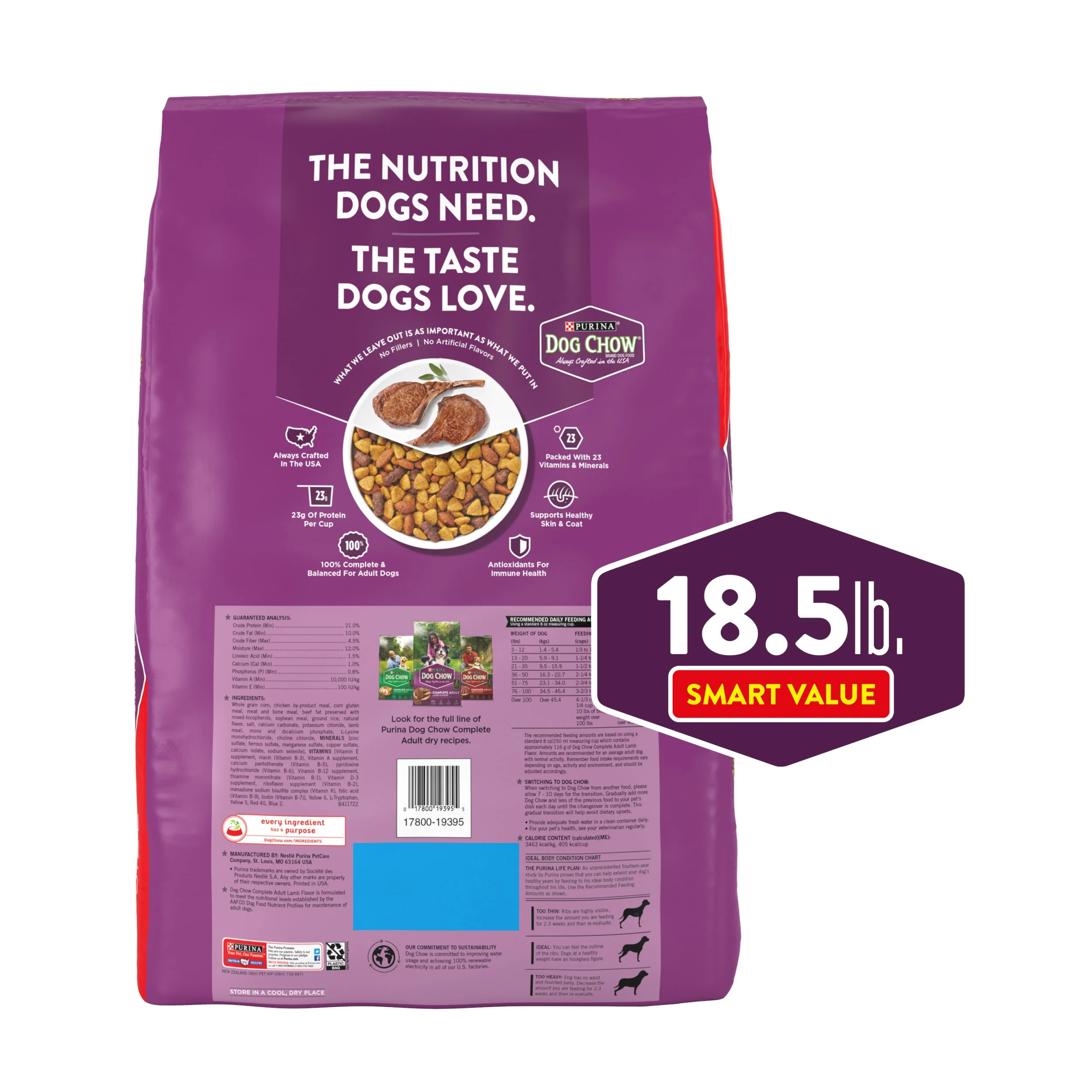 Purina Dog Chow Complete Dry Dog Food for Adult Dogs High Protein, Lamb, 18.5 lb Bag