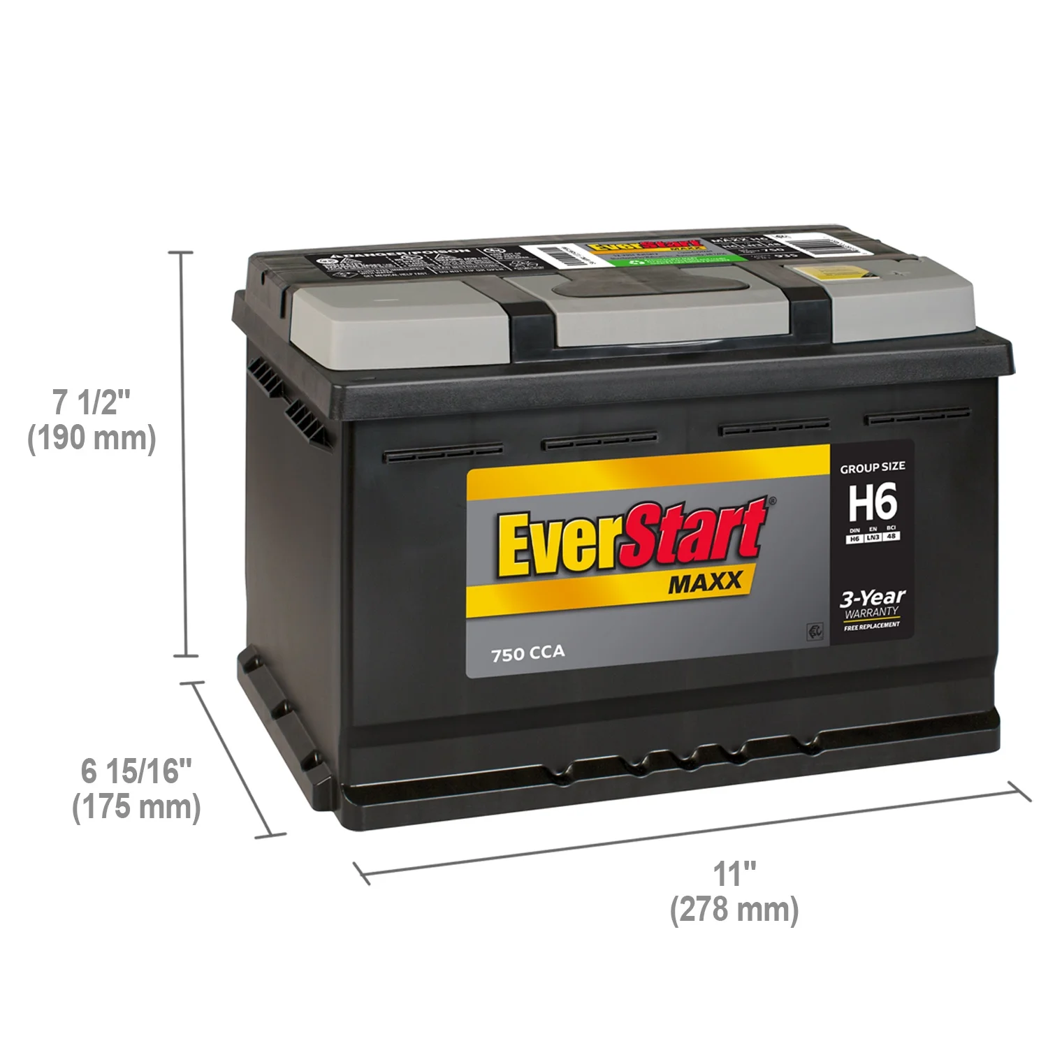 EverStart Maxx Lead Acid Automotive Battery, Group Size H6 / LN3 / 48 12 Volt, 750 CCA 115 RC