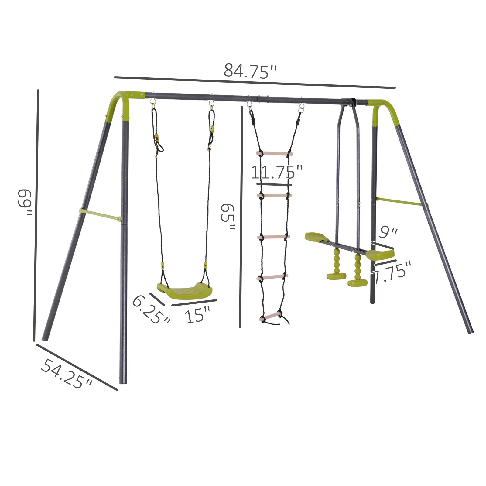 HOMCOM 3 in 1 Kids Metal Swing Set for Backyard with Swing Seat, Glider and Climbing Ladder, Heavy Duty Metal Frame for 4 Children