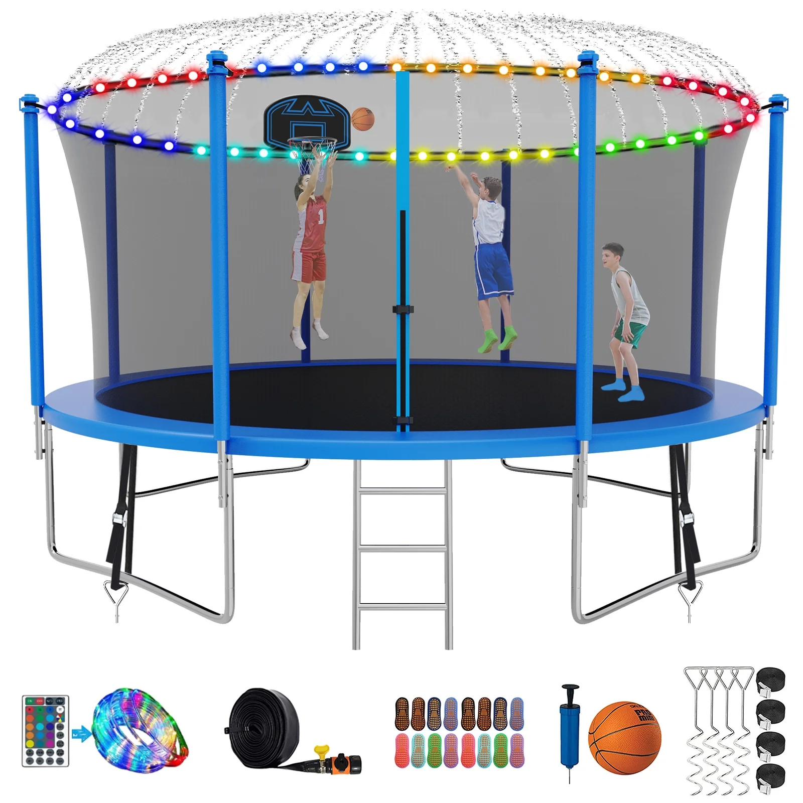 Kumix Trampoline with Enclosure, 1200LBS 12 14 15 16FT Trampoline for Kids Adults, Trampoline with Basketball Hoop, Lights, Sprinkler and Socks, Outdoor Heavy Duty Trampoline, ASTM CPC CPSIA