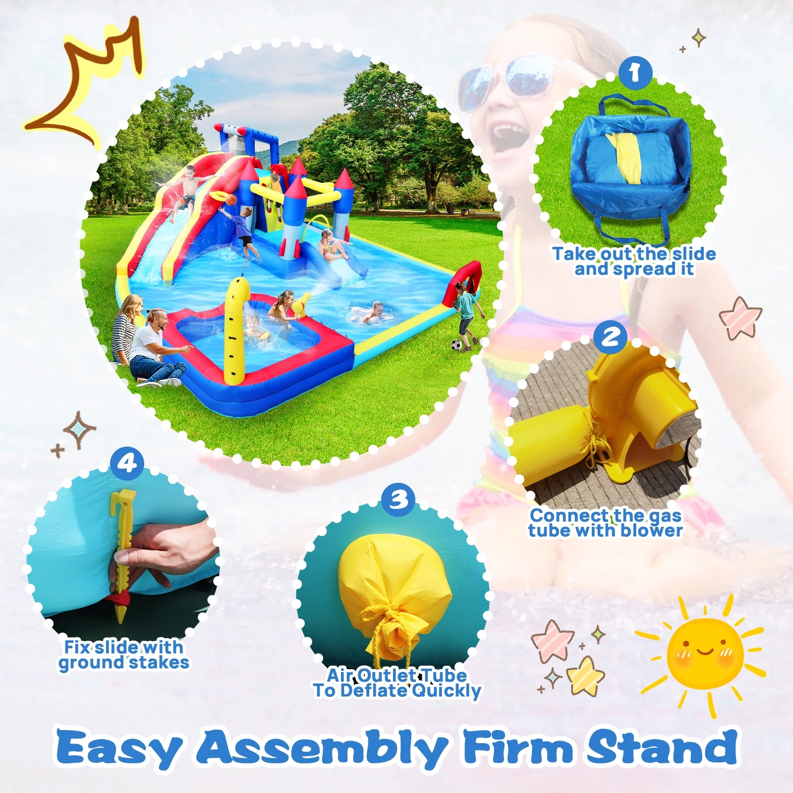 Track 7 Inflatable Water Park,7 in1 Inflatable Slide Water Park Bounce House with Splash Pool & Water Gun & Climbing Wall & Basketball & Soccer & Dual Pools & Blower,Blow Up Water Park Bounce House