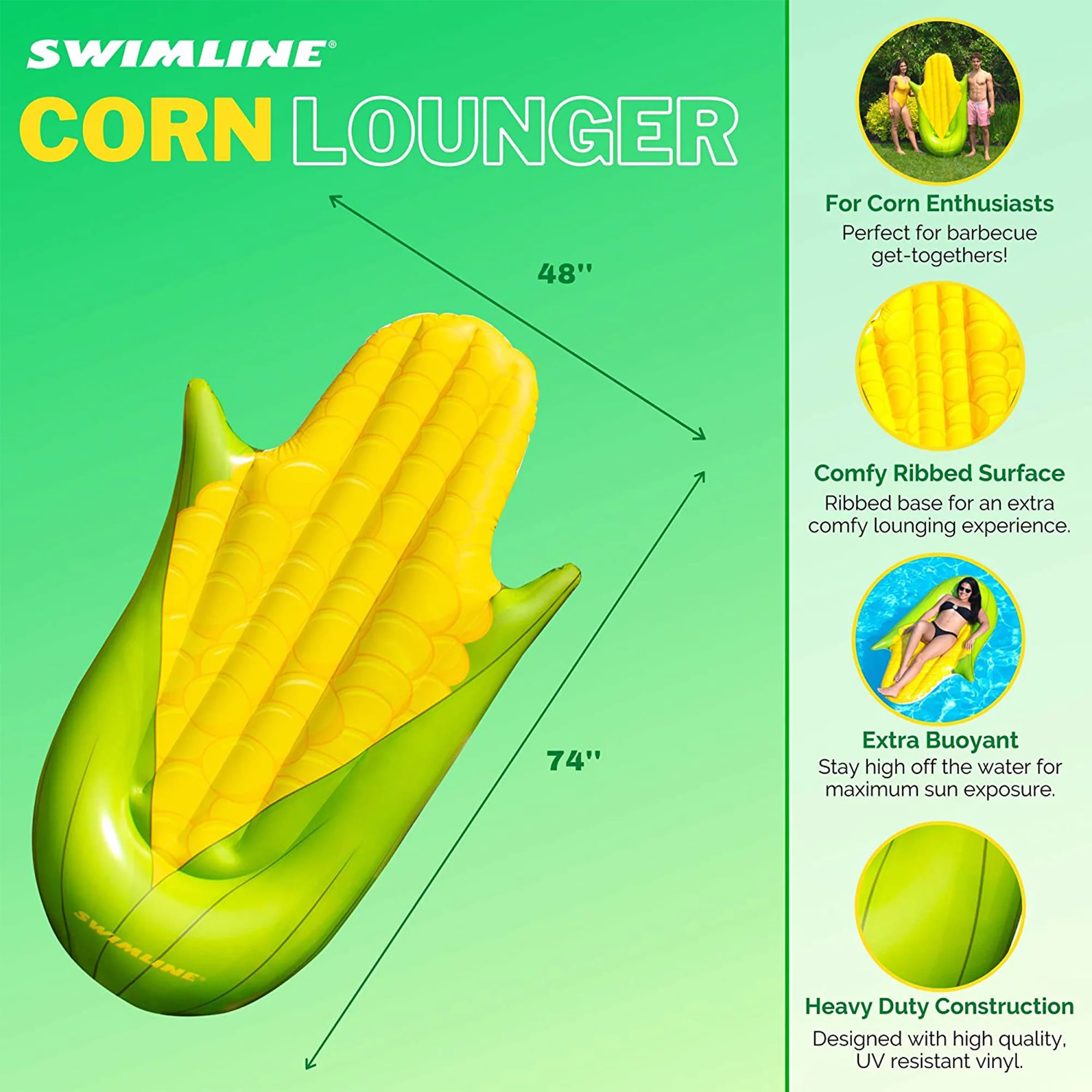 Swimline 90680M Giant 74″ Inflatable Corn on the Cob Pool, Lake, Floating Raft Lounger for Kids & Adults, Yellow & Green