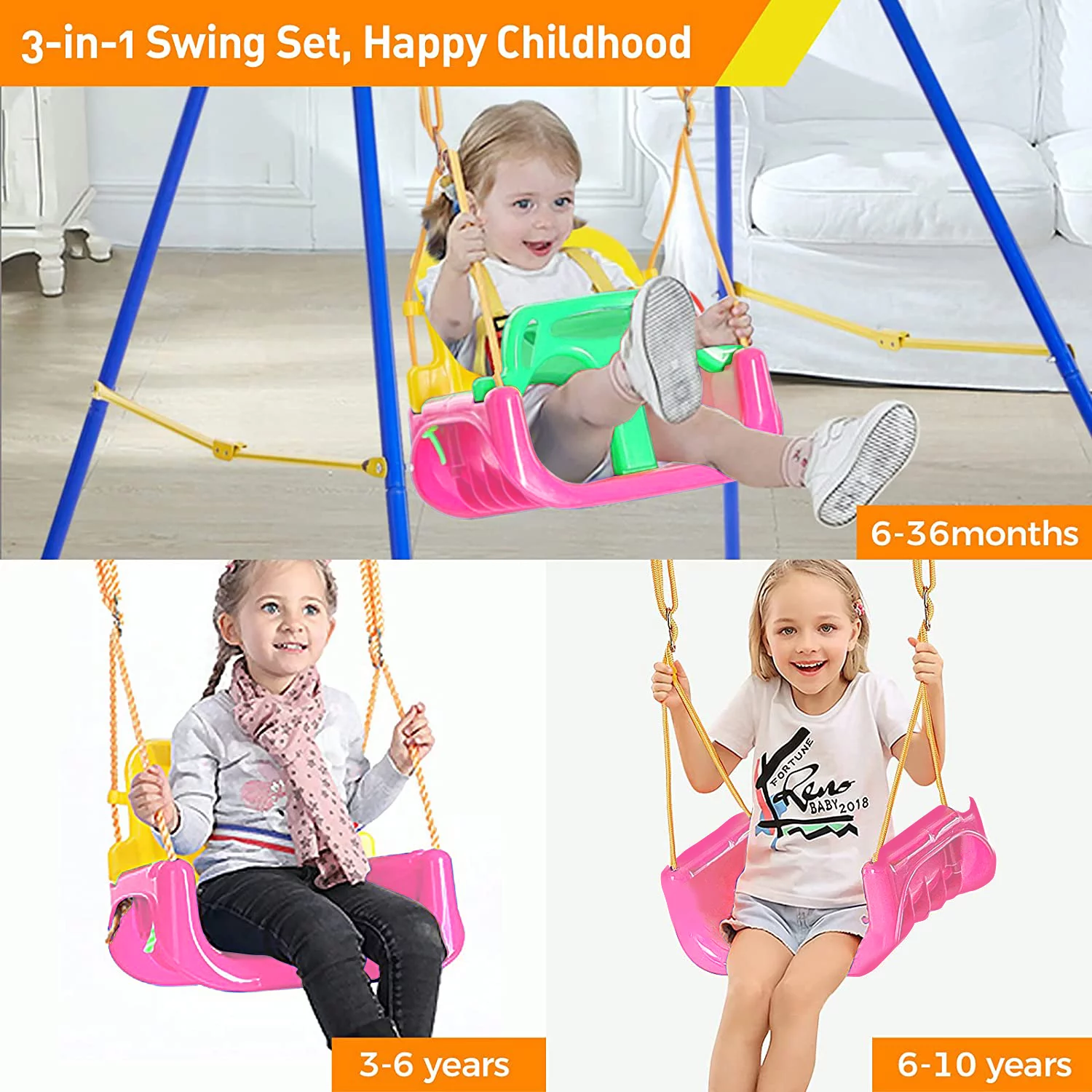 JBee Ctrl 3-in-1 Baby Swing Sets with Hanging Strap and Hooks for Outside Toddler Swing Anti-Flip Snug & Secure Detachable Infants to Kids Swing Seat for Indoor/Outdoor Playset