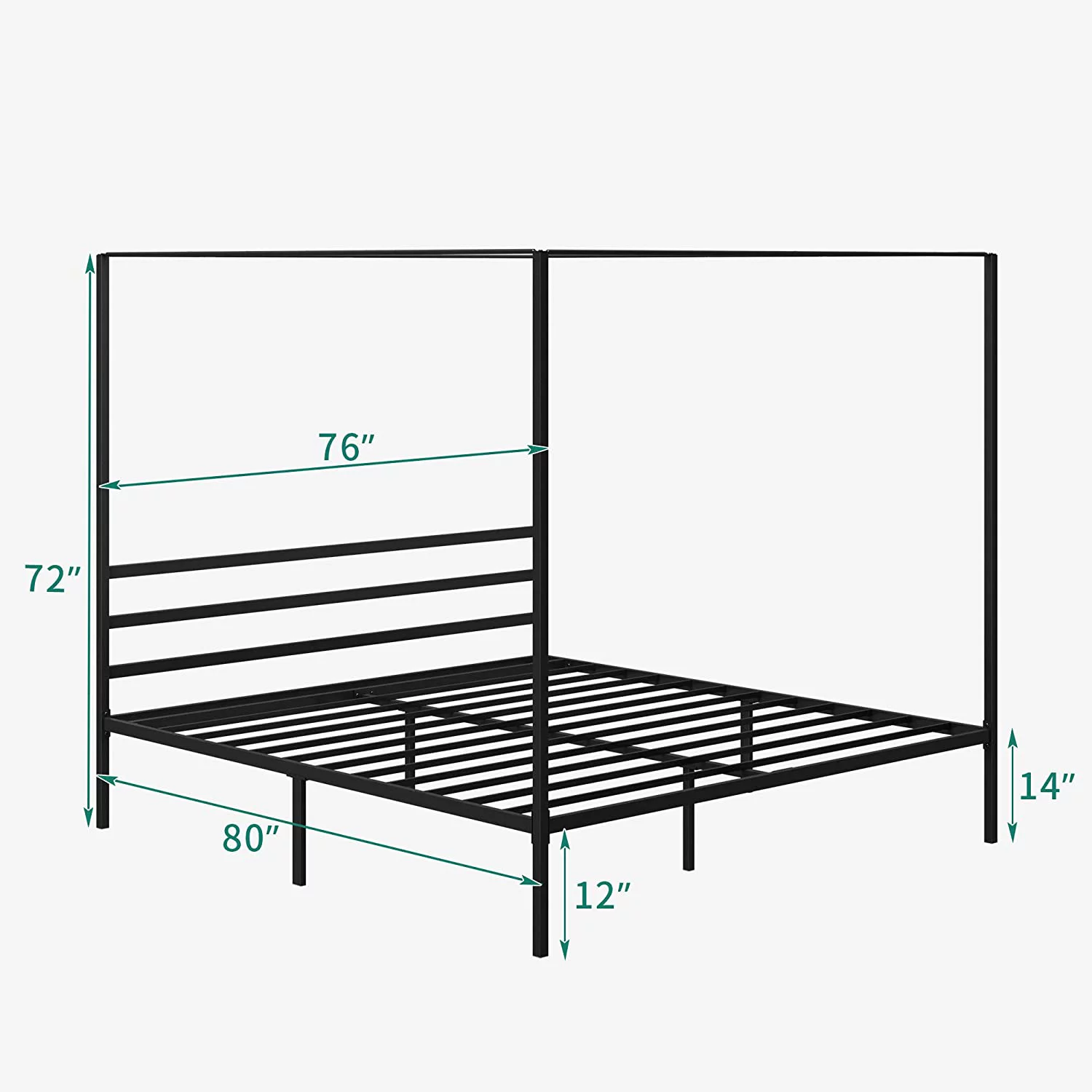 Dextrus Metal Canopy Bed Frame 14″ Platform with Headboard Strong Metal Slat Support Mattress Foundation, No Box Spring Needed, Black, Queen Size