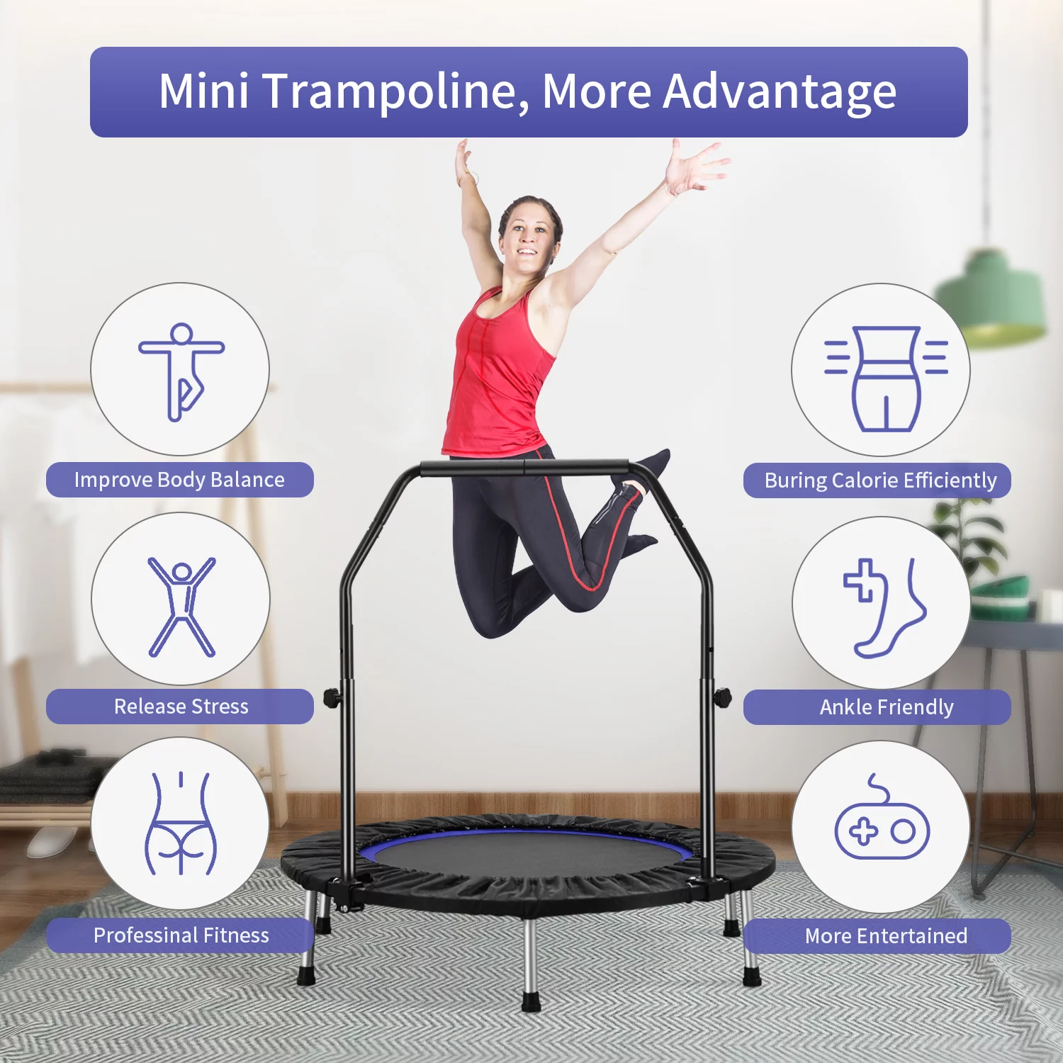 ZENOVA 40″ Mini Trampoline for Adults and Kids Fitness, Indoor Trampoline Rebounder with Adjustable Foam Handle for Bounce Workout Max Load 330lbs, Blue and Black