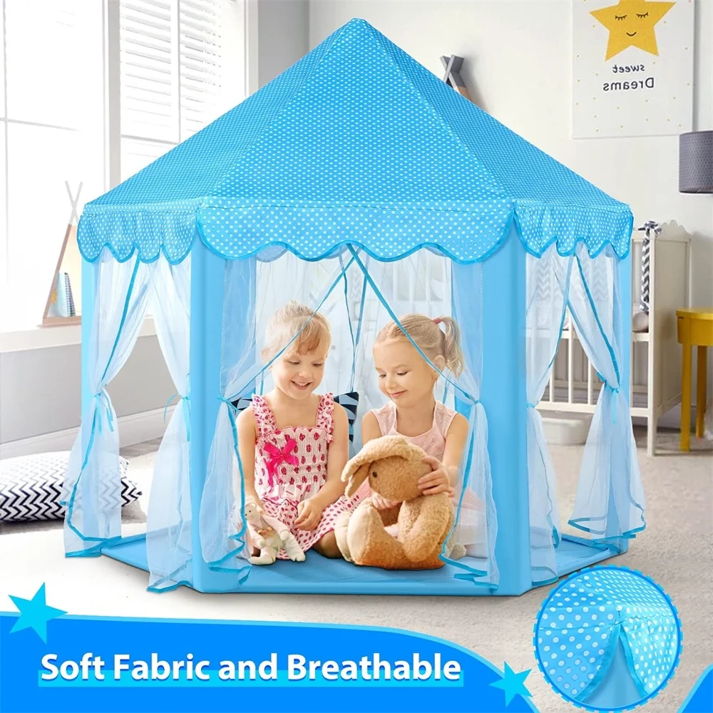 Princess Tent for Girls, Pink Castle Tent with String Light Indoors Outdoor Foldable Playhouse for Kid Age 3-12 Years