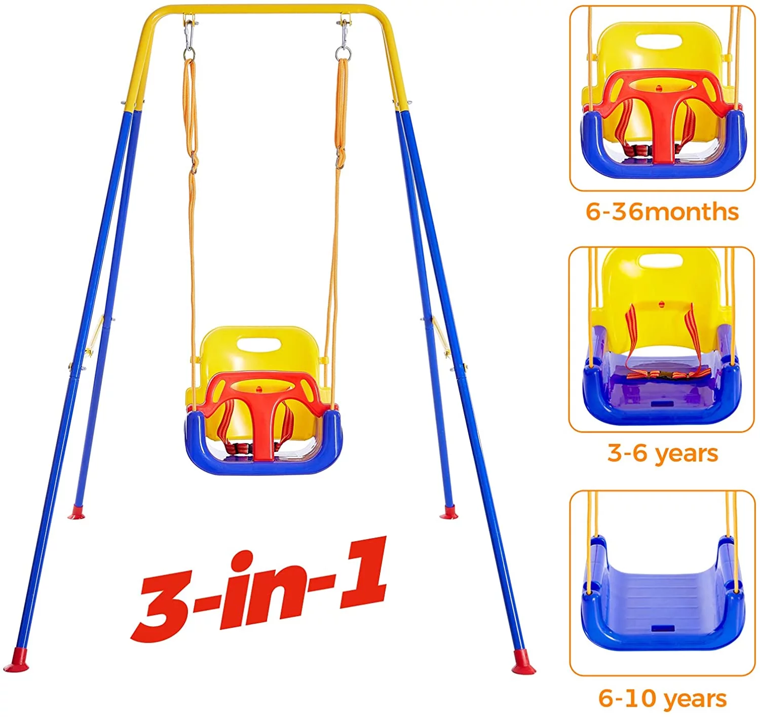 FUNLIO 3 in 1 Toddler Swing Set with 4 Sandbags, Heavy-Duty Kid Swing with Folding Metal Stand Indoor/Outdoor Play for Baby/Infant, Easy to Assemble