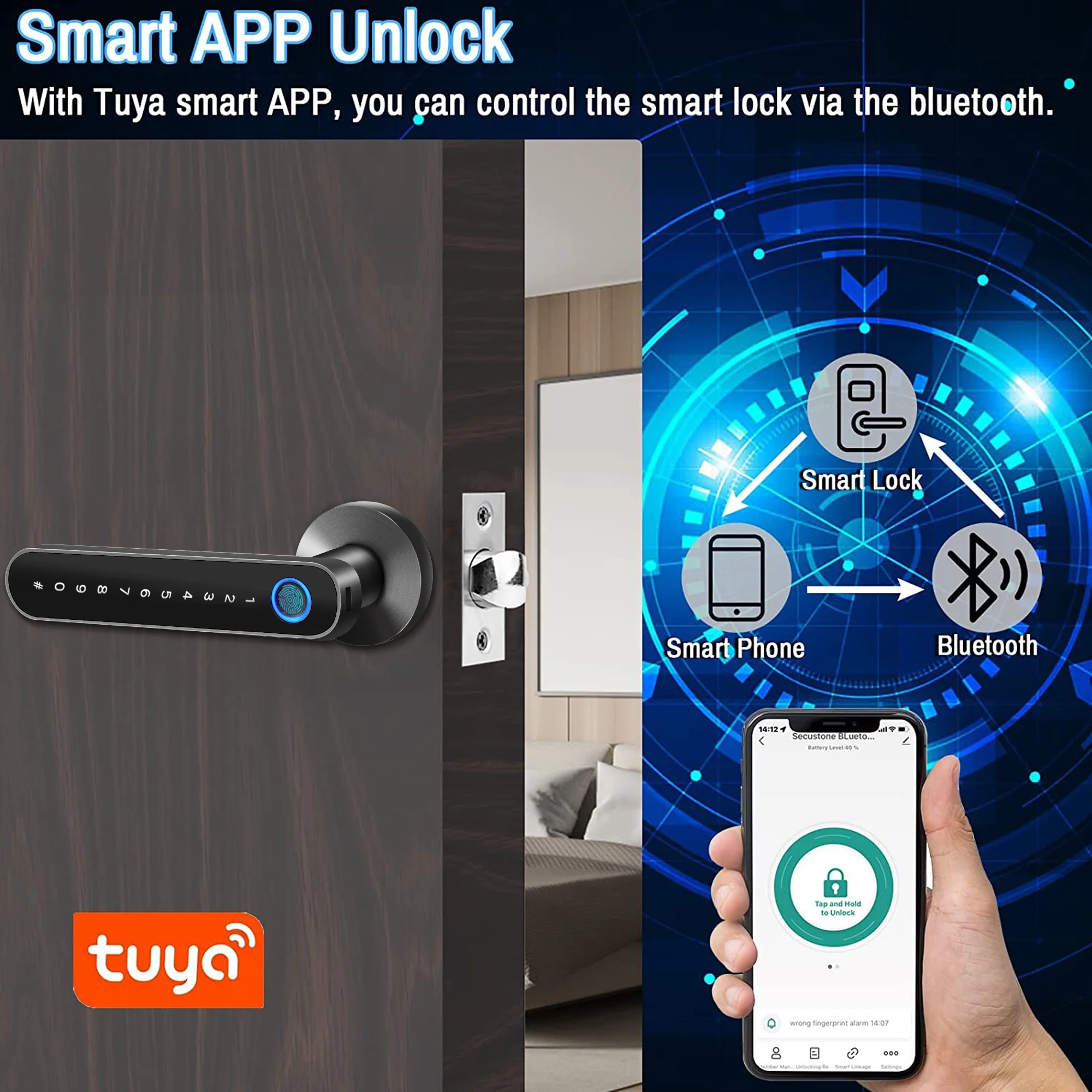 Smart Door Lock,Keyless Entry Door Lock with Handle,Fingerprint Door Lock with  Tuya APP,Smart Door Knob with Key for Home Bedroom