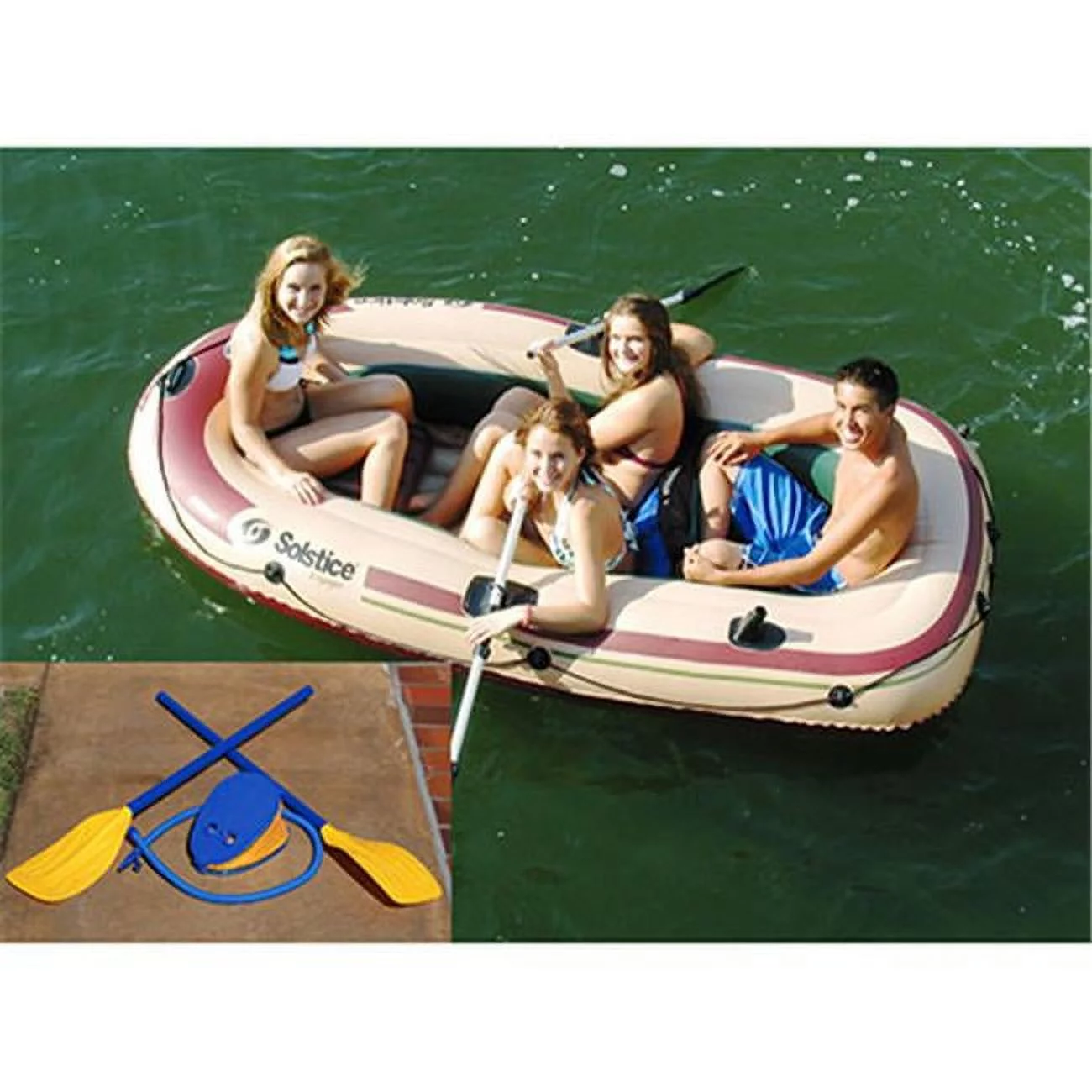 Solstice Voyager 4-Person Inflatable Fishing Boat Complete Kit with Oar Paddles Pump Dual Swivel Oar Locks, Rod Holder, Motor Compatible