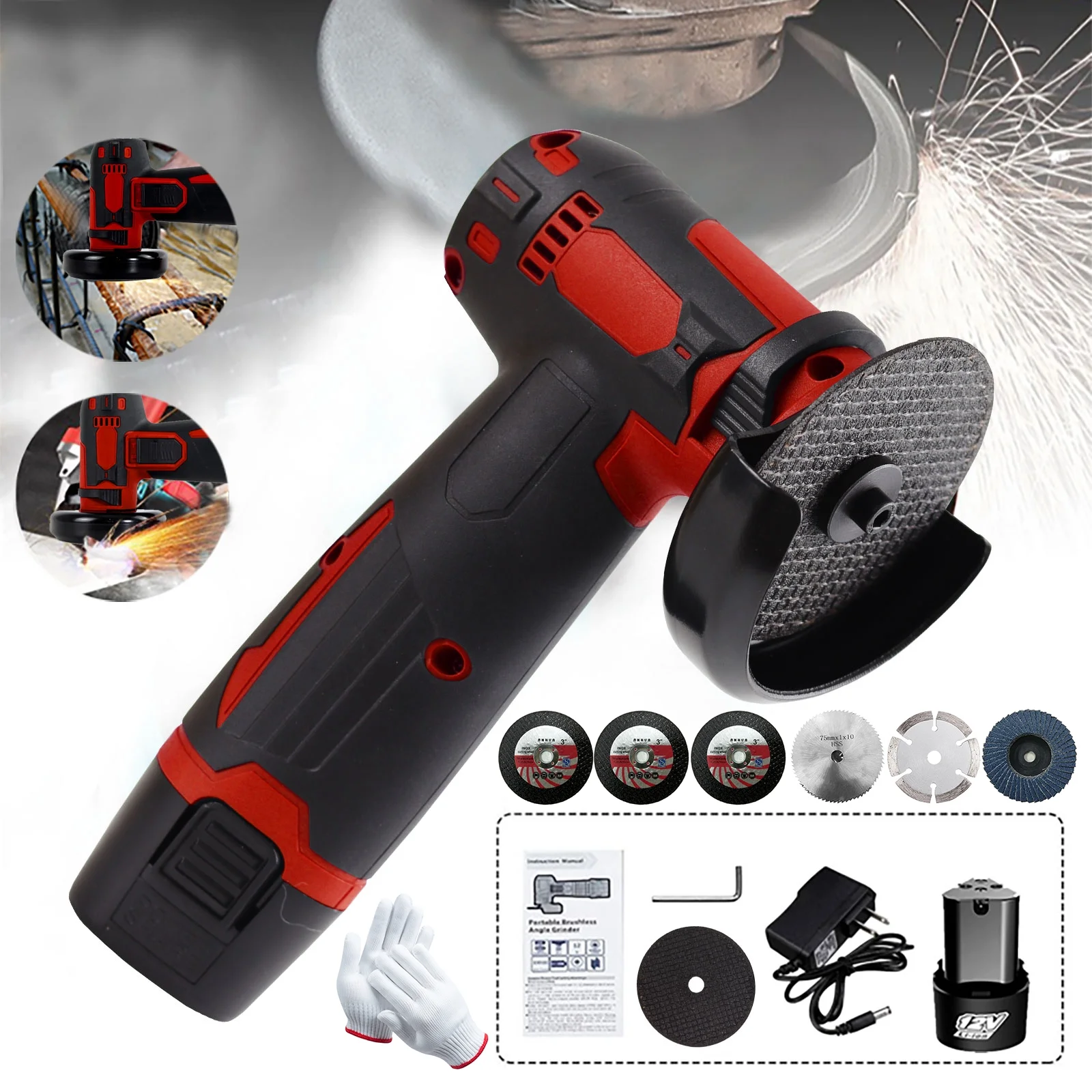 12V Cordless Angle Grinder Kit, Ginding disc 3 Inch/76mm 19500 rpm w/ 2* 1300mAh Lithium-Ion Battery for Cutting, Polishing, Grinding, Rust Removal