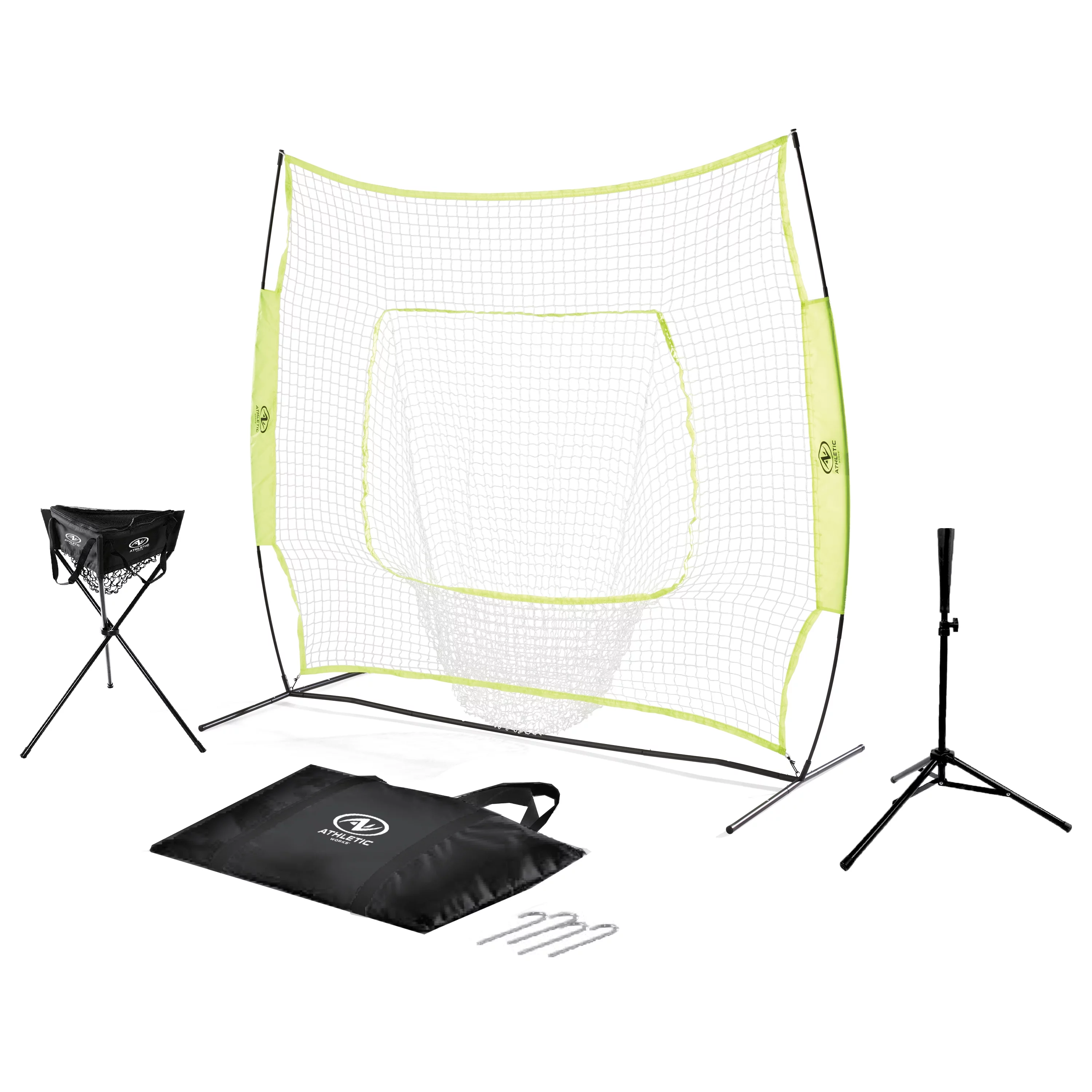 Athletic Works 7ft x 7ft Hit Pitch Training Net, Portable for All Skill Levels, Indoor/Outdoor, Batting Tee, Ball Caddy and Carrying Case