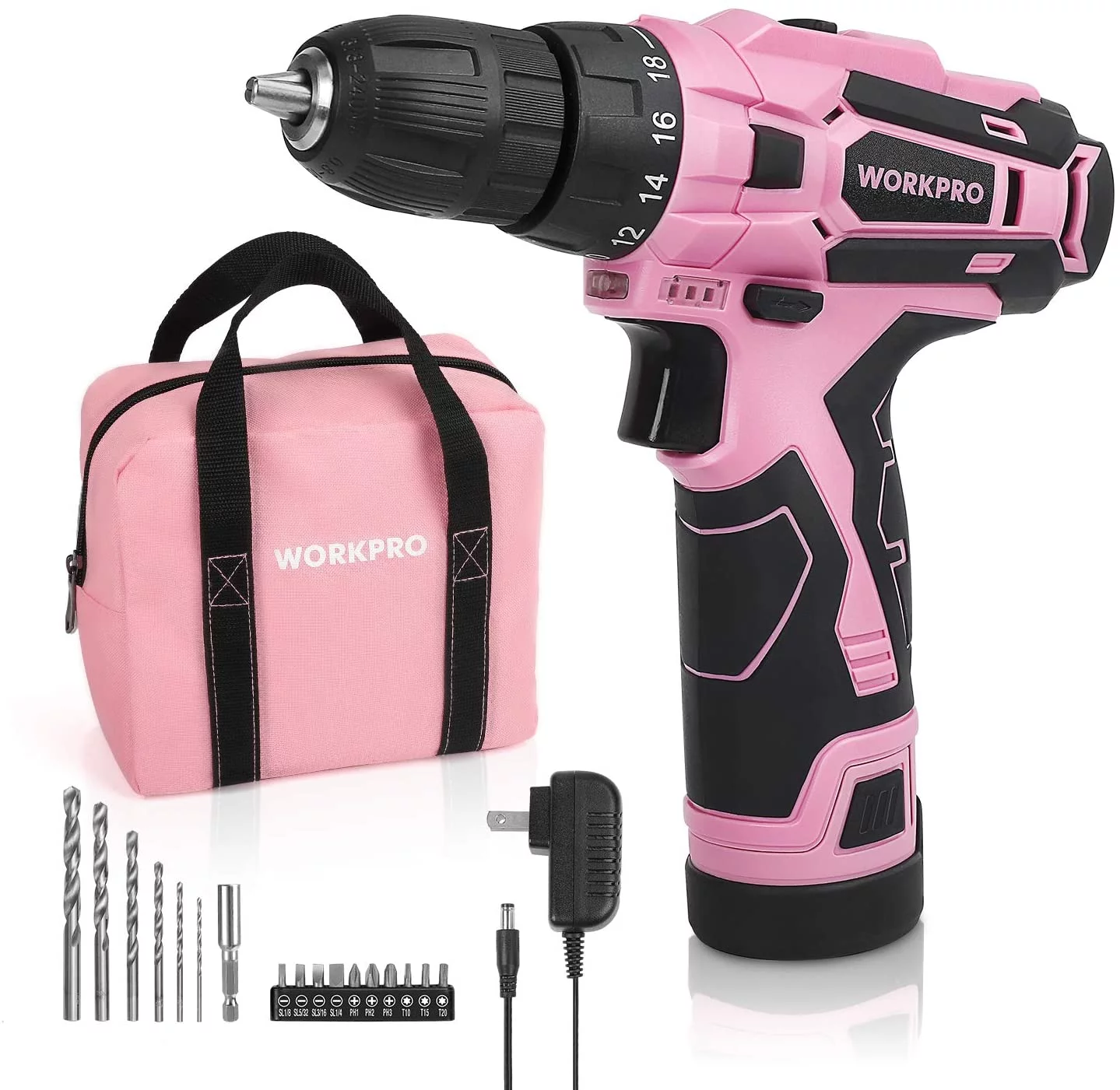 WORKPRO Cordless Drill Driver Kit, 12V Electric Screwdriver Driver Tool Kit for Women, 3/8″ Keyless Chuck, Charger and Storage Bag Included