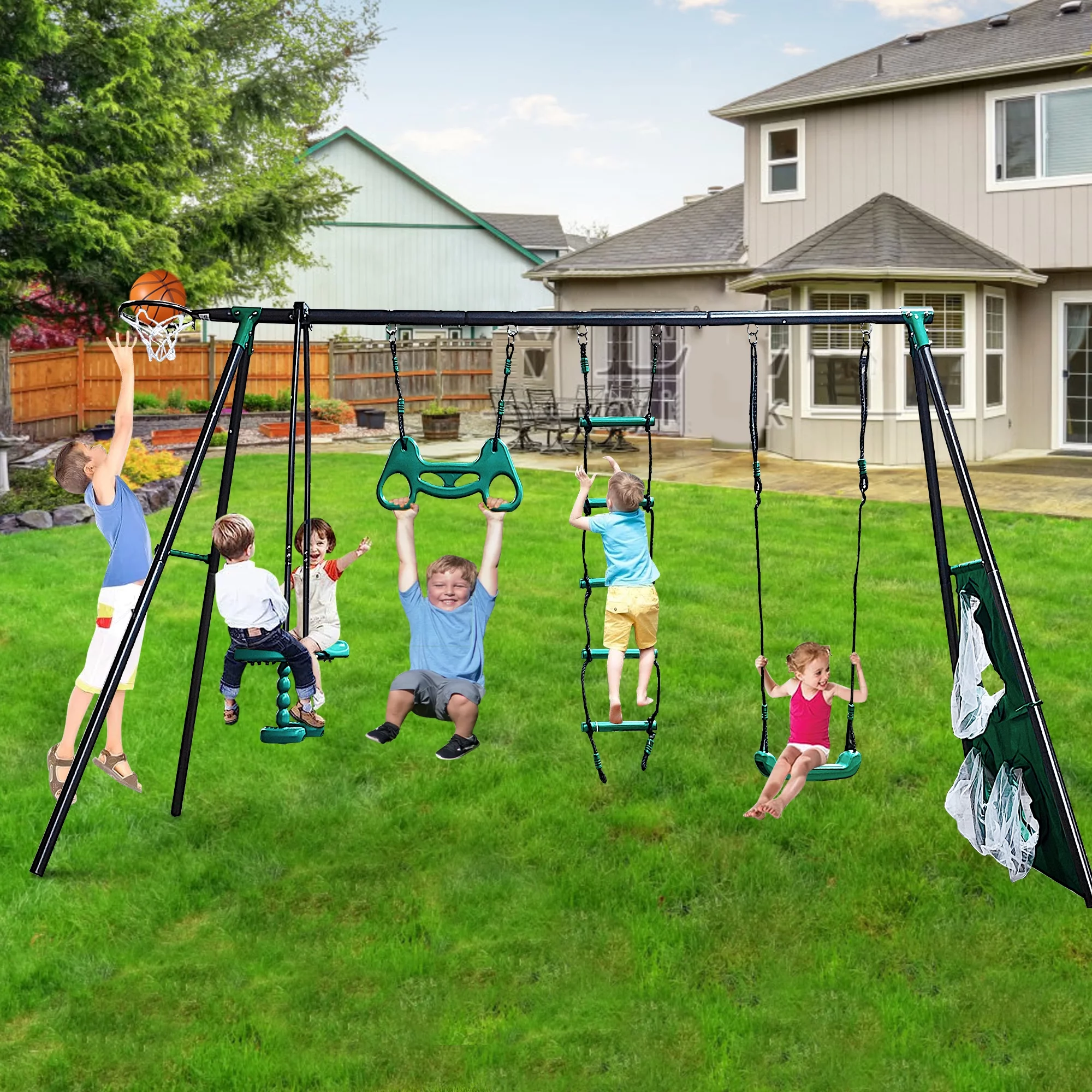 Sesslife Metal Swing Set for Outside, 5 in 1 Kids Backyard with Slide, Seesaw Swing, Single Swing and Basketball Hoop