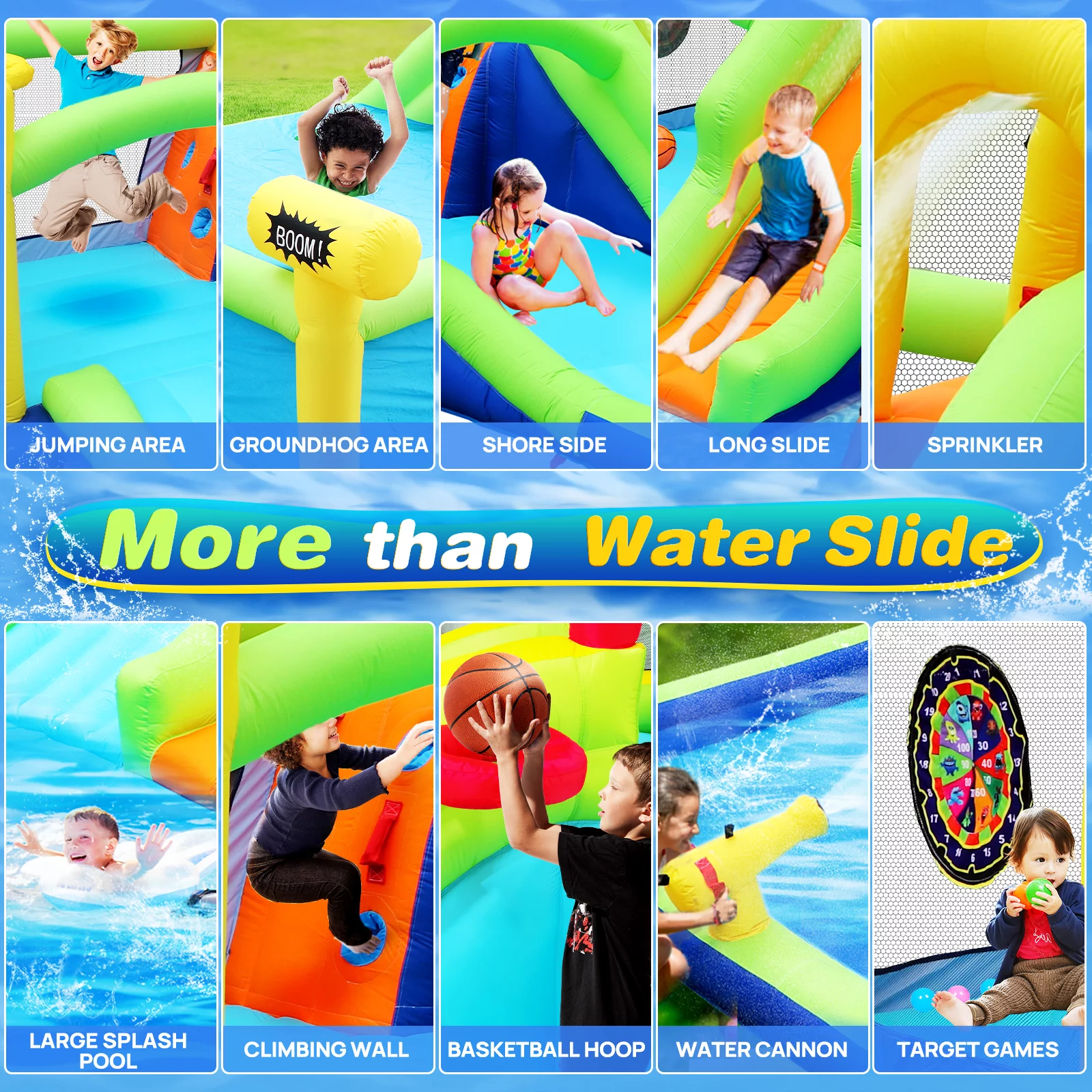 Track 7 Inflatable Water Park,7 in 1  Inflatable Bounce House Slide Long Slide Water Park with Whack a Mole Games & Splash Pool & Target Games & Water Gun & Climbing Wall & Basketball & Air Blower