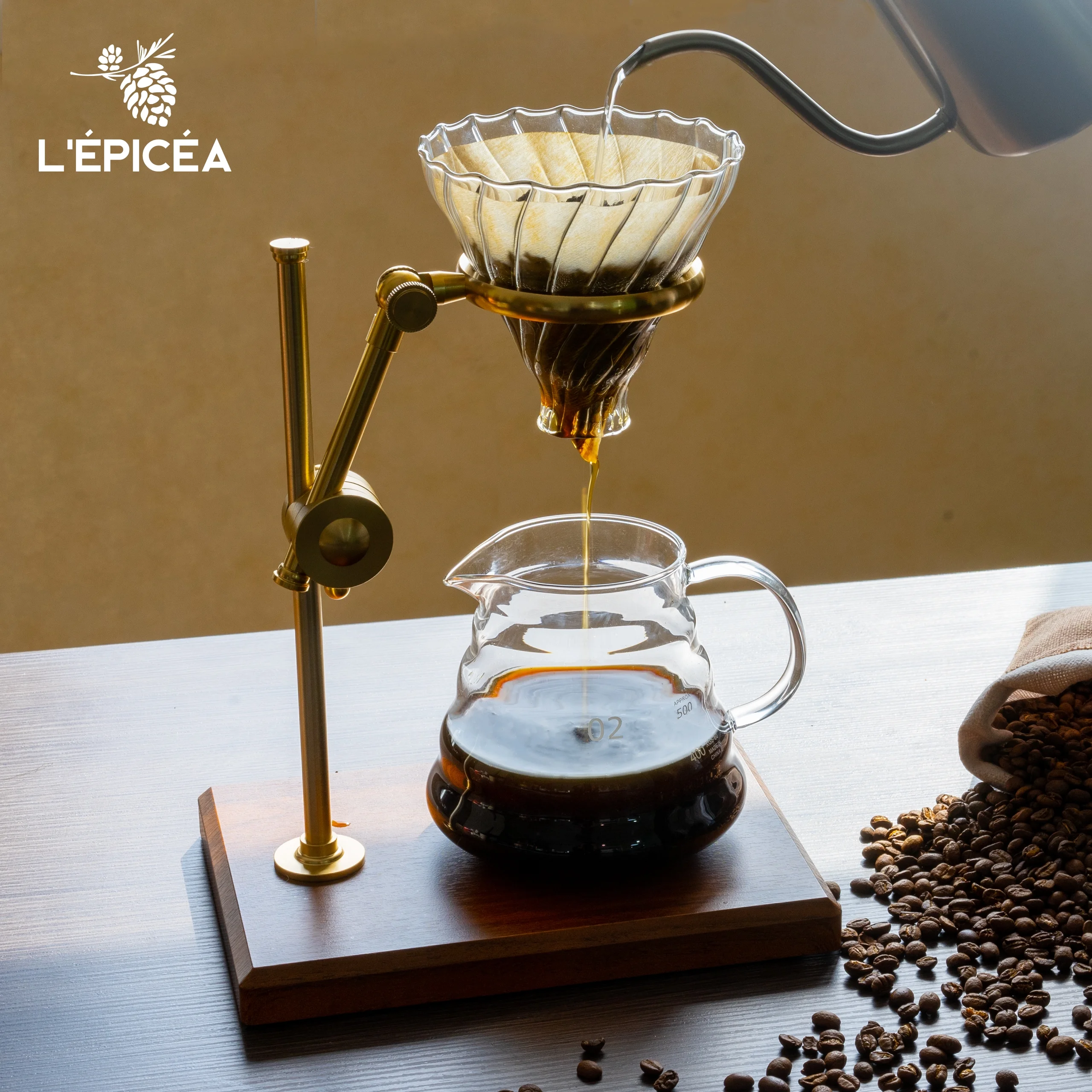 L’PICA Pour over Coffee Maker Set,Stainless Steel Stand, Wooden Base, Glass Coffee Dripper