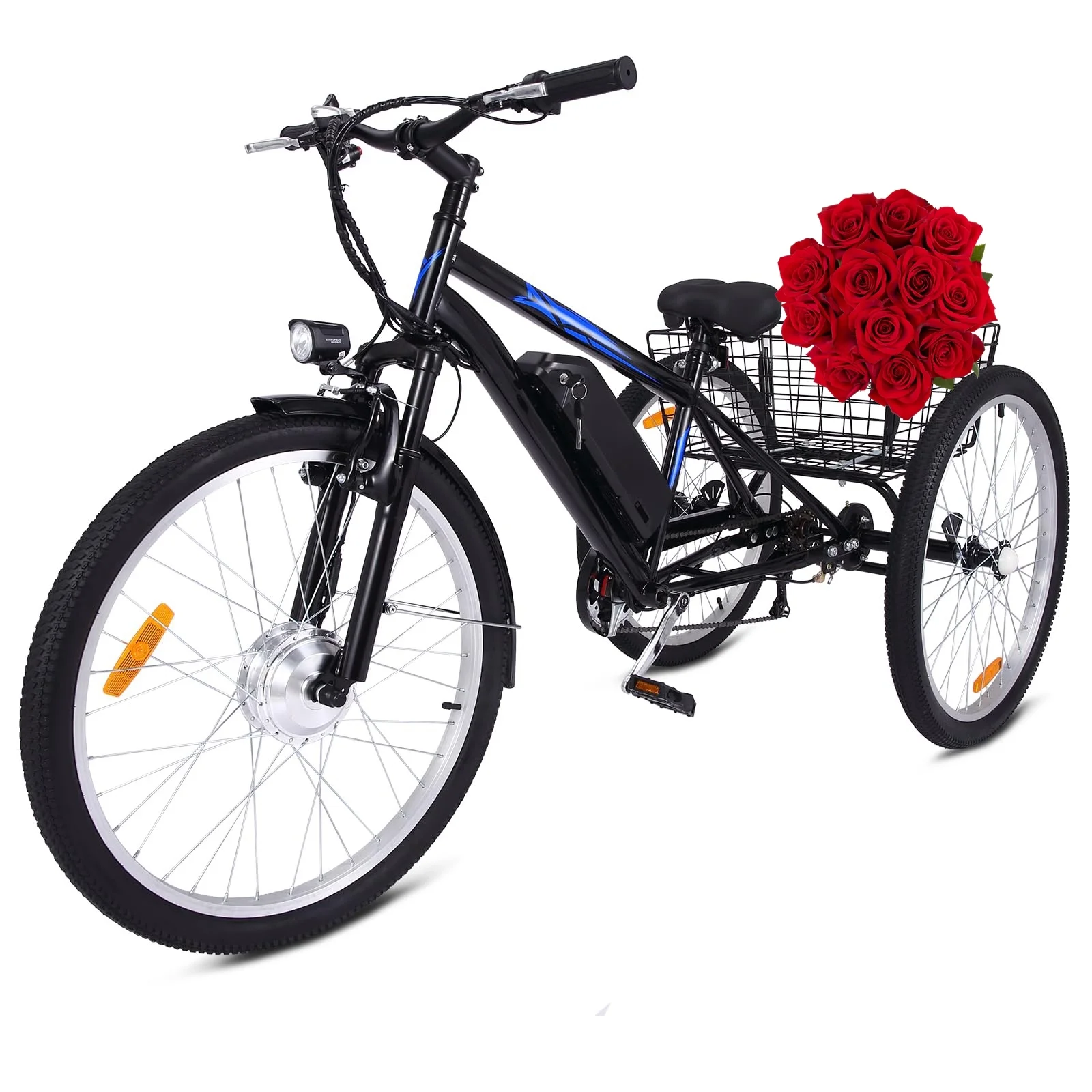 Soonbuy Electric Tricycle 24″ Electric Trike, 7 Speeds Motorized Three Wheel Electric Bicycle, 3 Wheels Adult Electric Tricycle with Large Basket,Orange