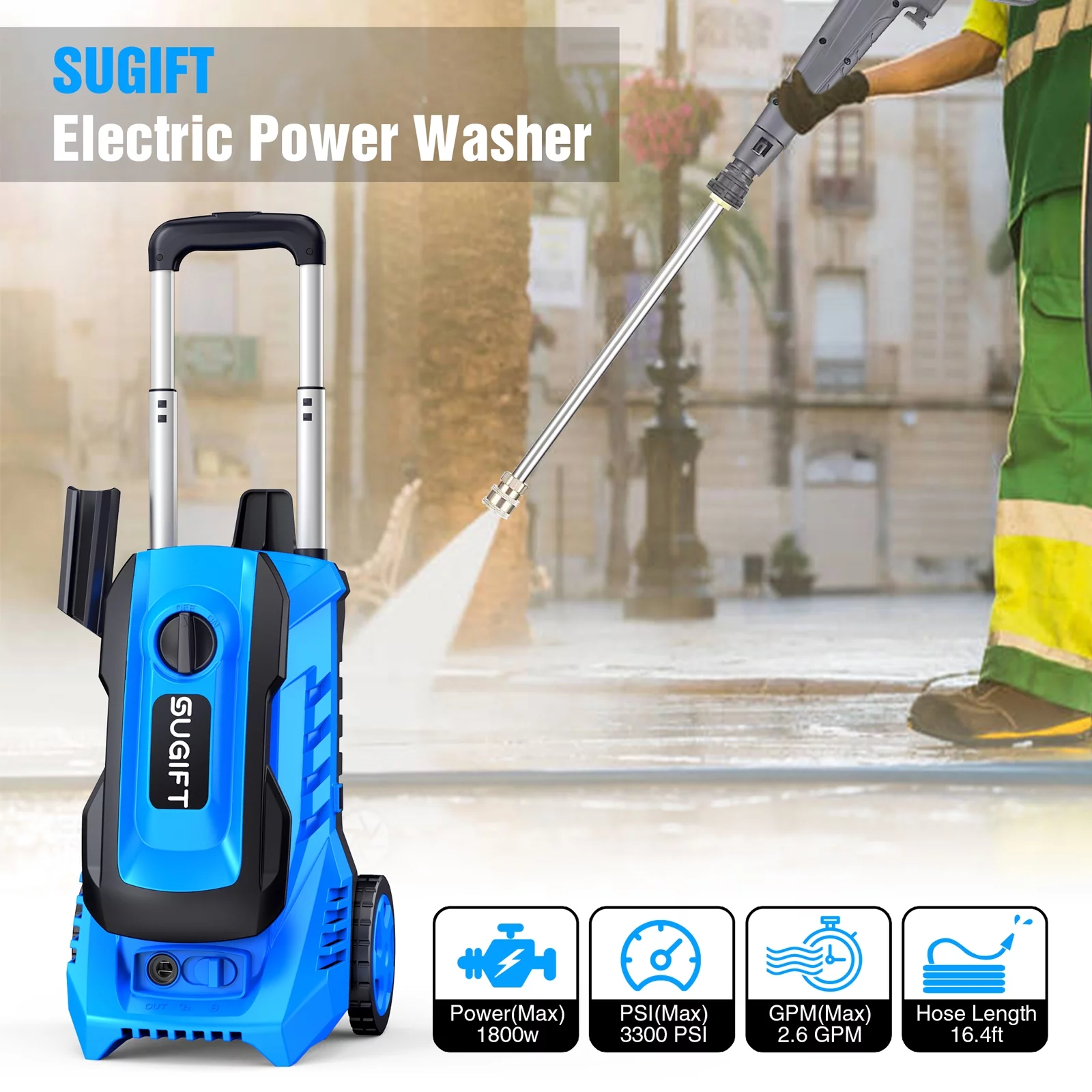 SUGIFT Electric Pressure Washer 14.5-Amp 3300PSI Max 2 GPM Max