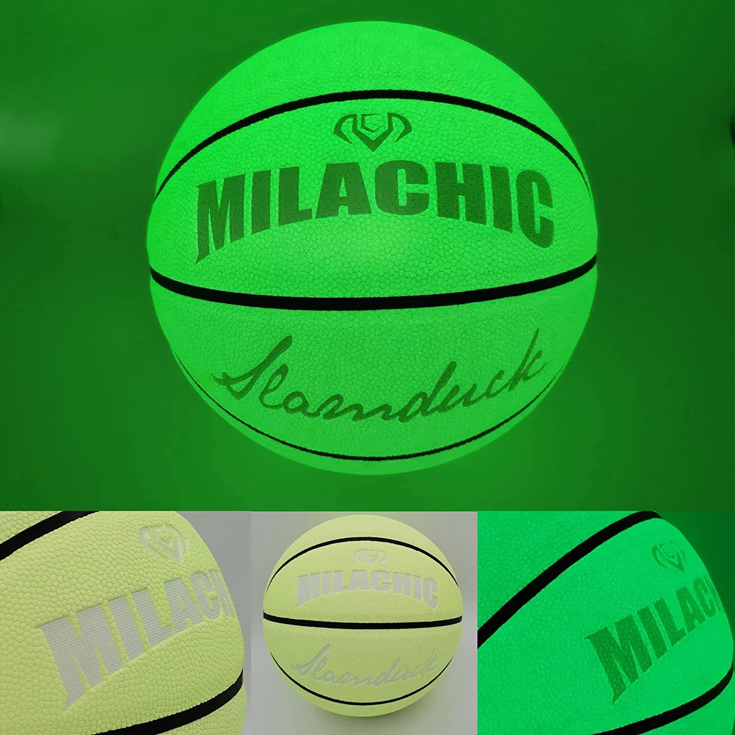 MILACHIC Basketball Glow in The Dark, Glowing Leather Basketball, Green Light up Basketball Gift for Boys, Girls, Men, Women Indoor-Outdoor Night Basketball (Size 5 / 6 / 7)