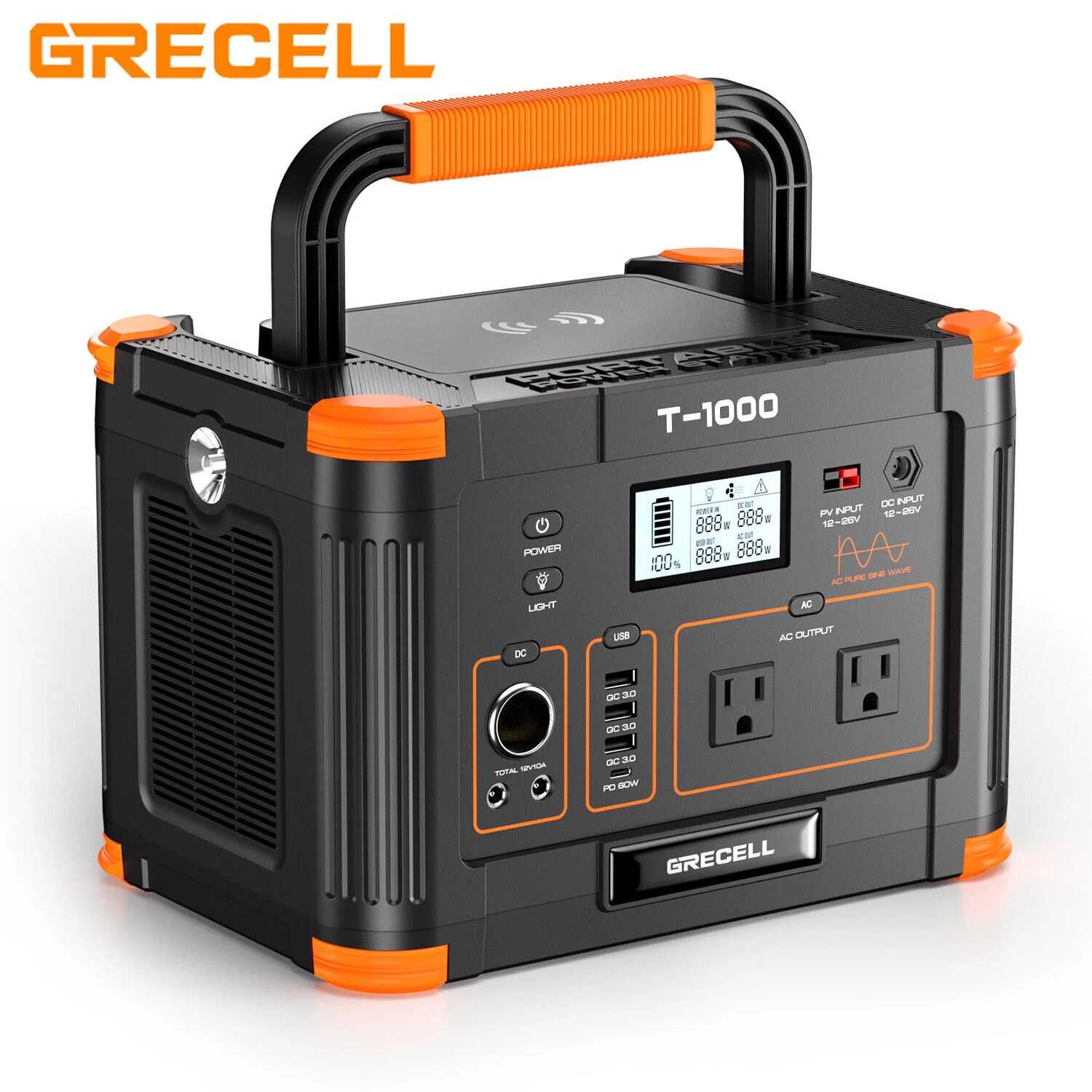 GRECELL 1000W Power Station 999Wh Battery Solar Generator for Outdoor Camping