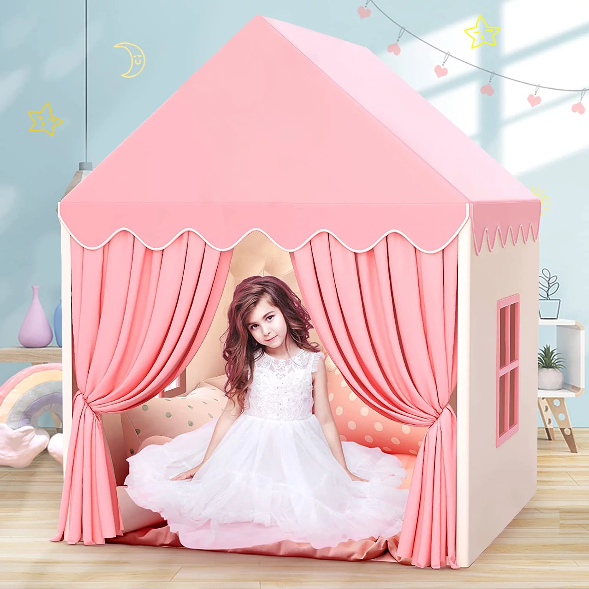 Wilwolfer Pink Kids Play Tent for Toddlers Girls Fairy Princess Toys Indoor Outdoor Canvas Playhouse