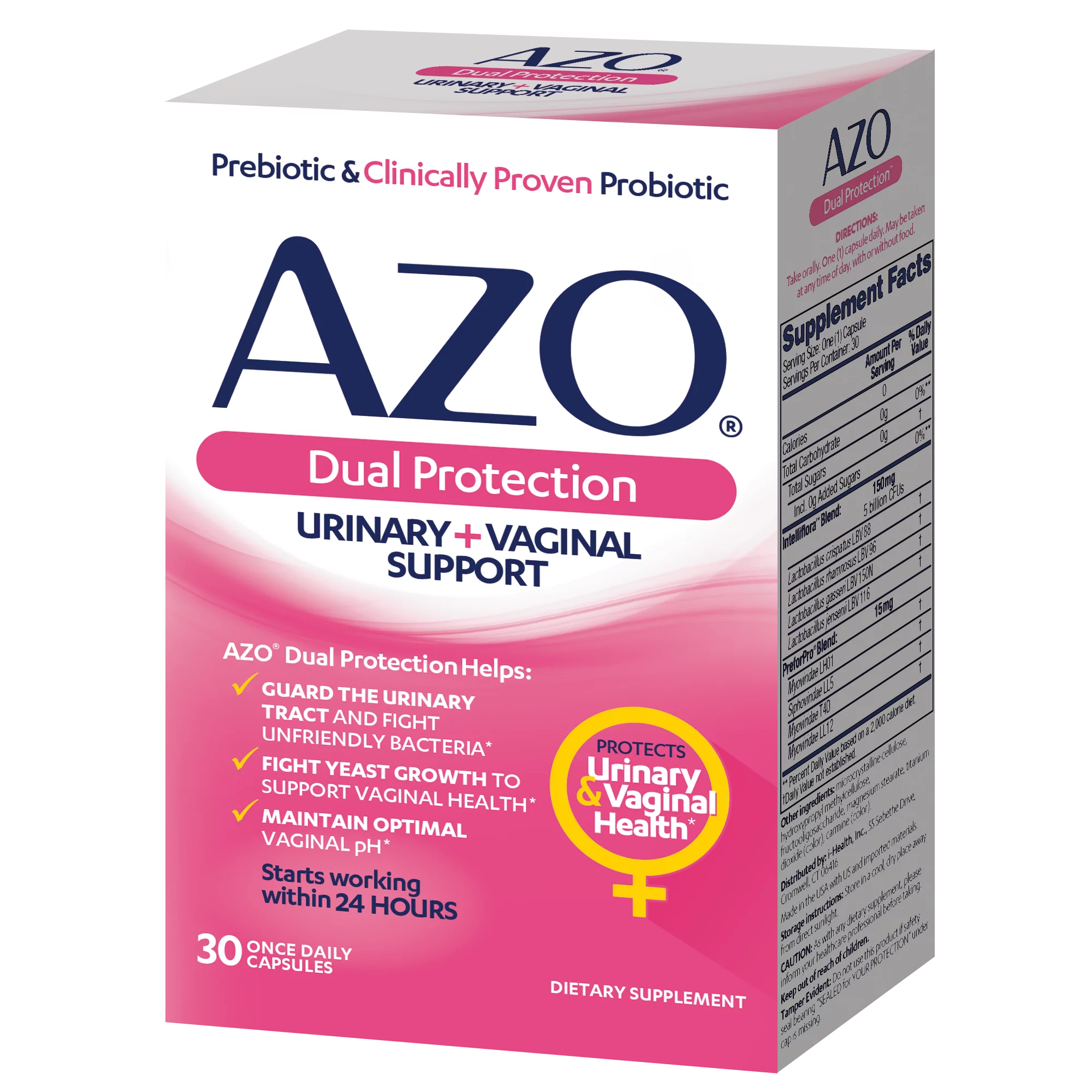 AZO Dual Protection, Urinary + Vaginal Support*, Women’s Prebiotic and Clinically-proven Probiotic, 30 count