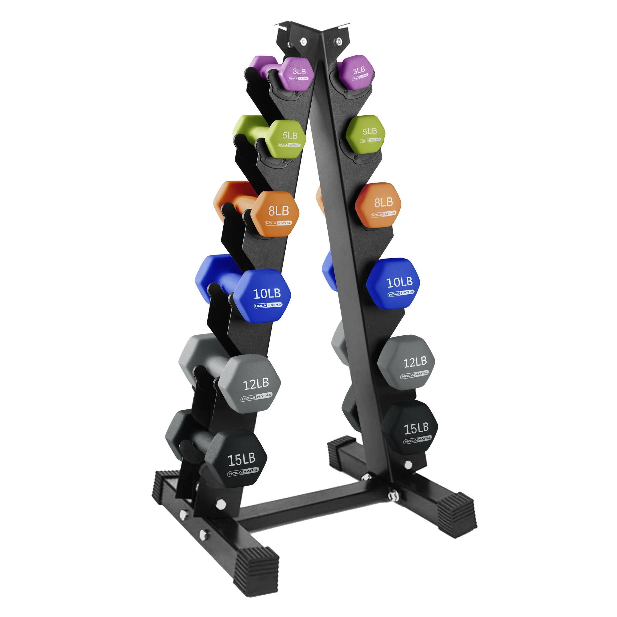 HolaHatha 3, 5, 8, 10, 12 & 15 Pound Neoprene Dumbbell Weight Set with Rack