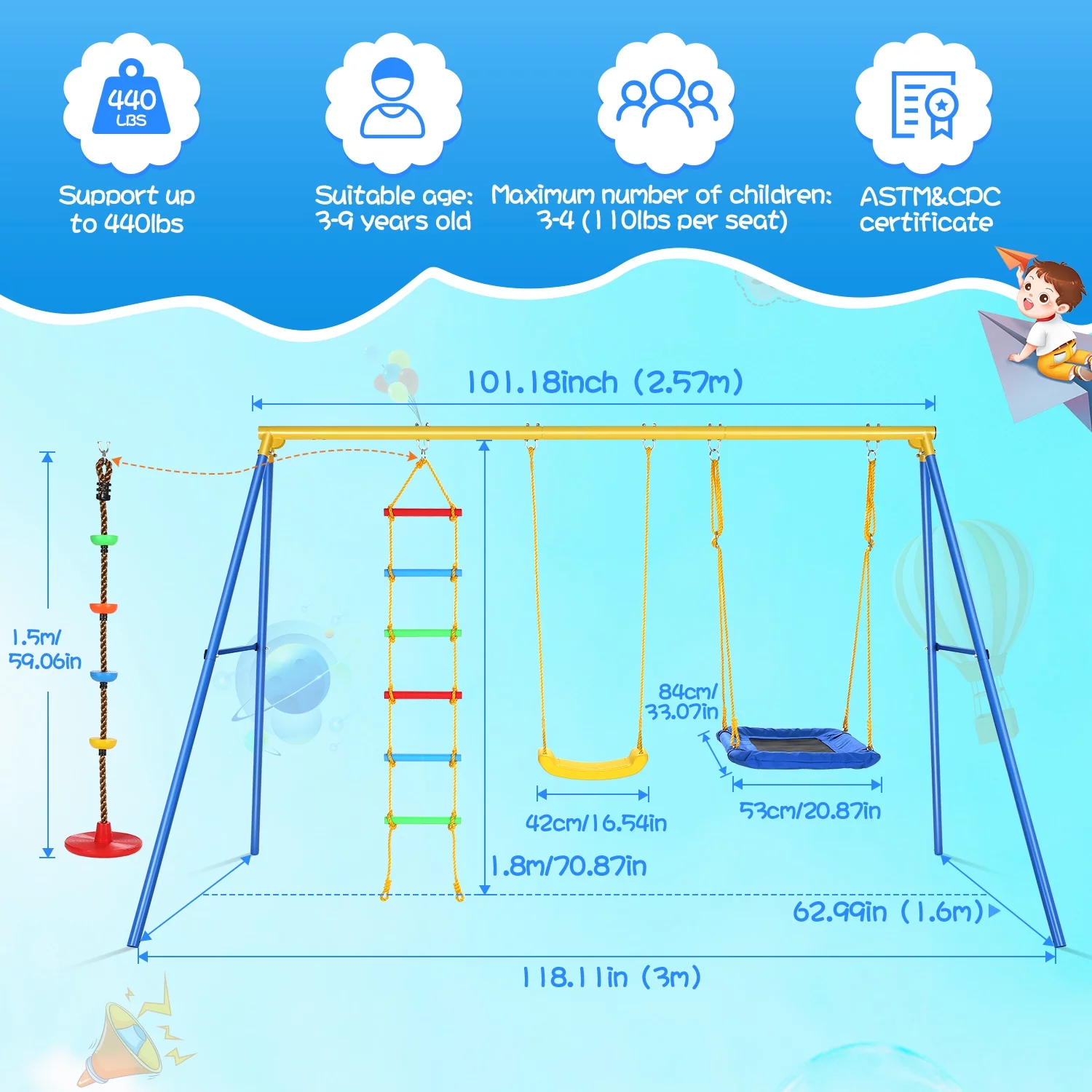 440lbs Swing Sets for Backyard, Qhomic 4 in 1 Heavy Duty Swing Sets for Kids with 2 Adjustable Swings Seats, Swing Climbing Ladder/Rope for or Backyard Playground & Park