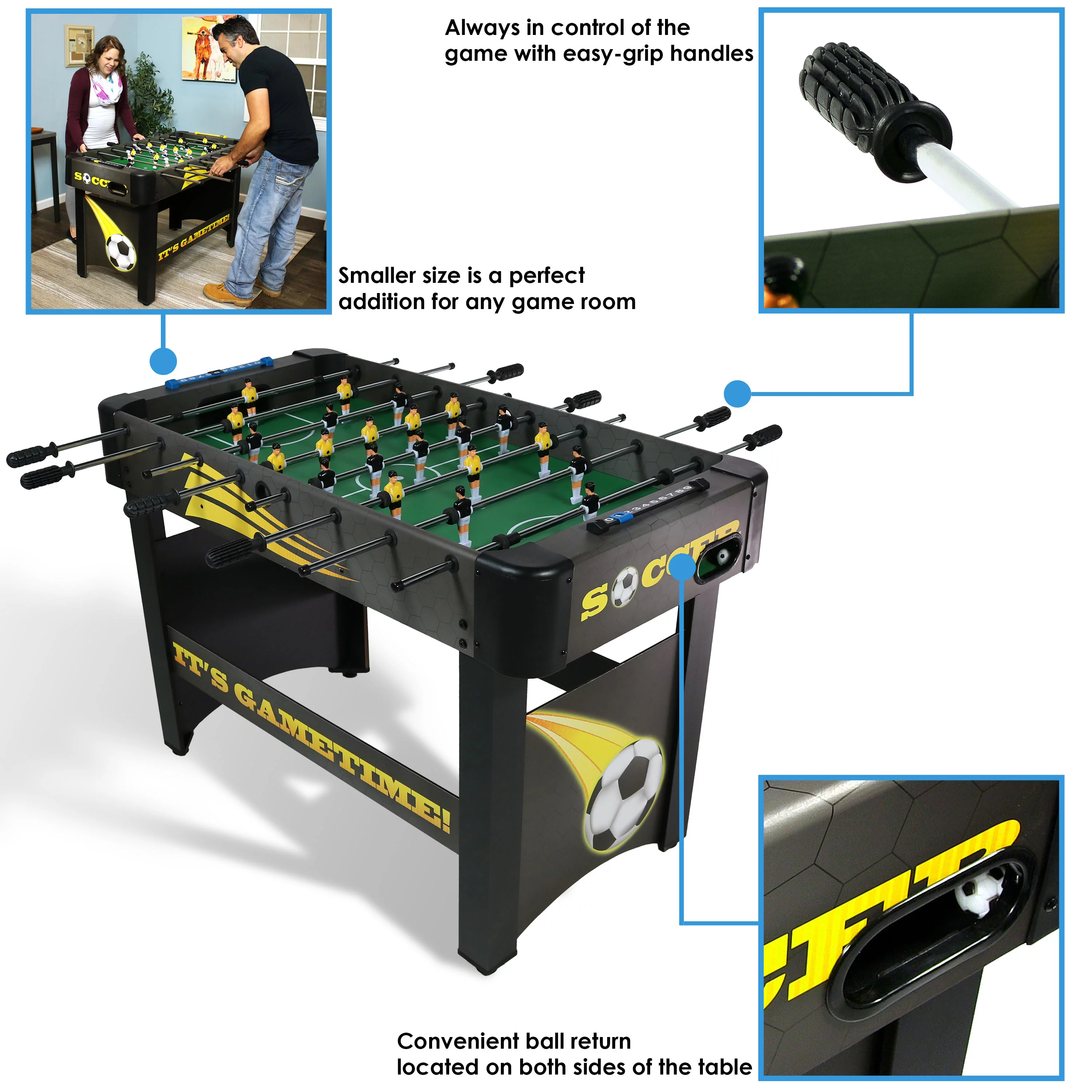 Sunnydaze Indoor Classic Style Foosball Soccer Game Table with Manual Scorers – 48″ – Black and Yellow