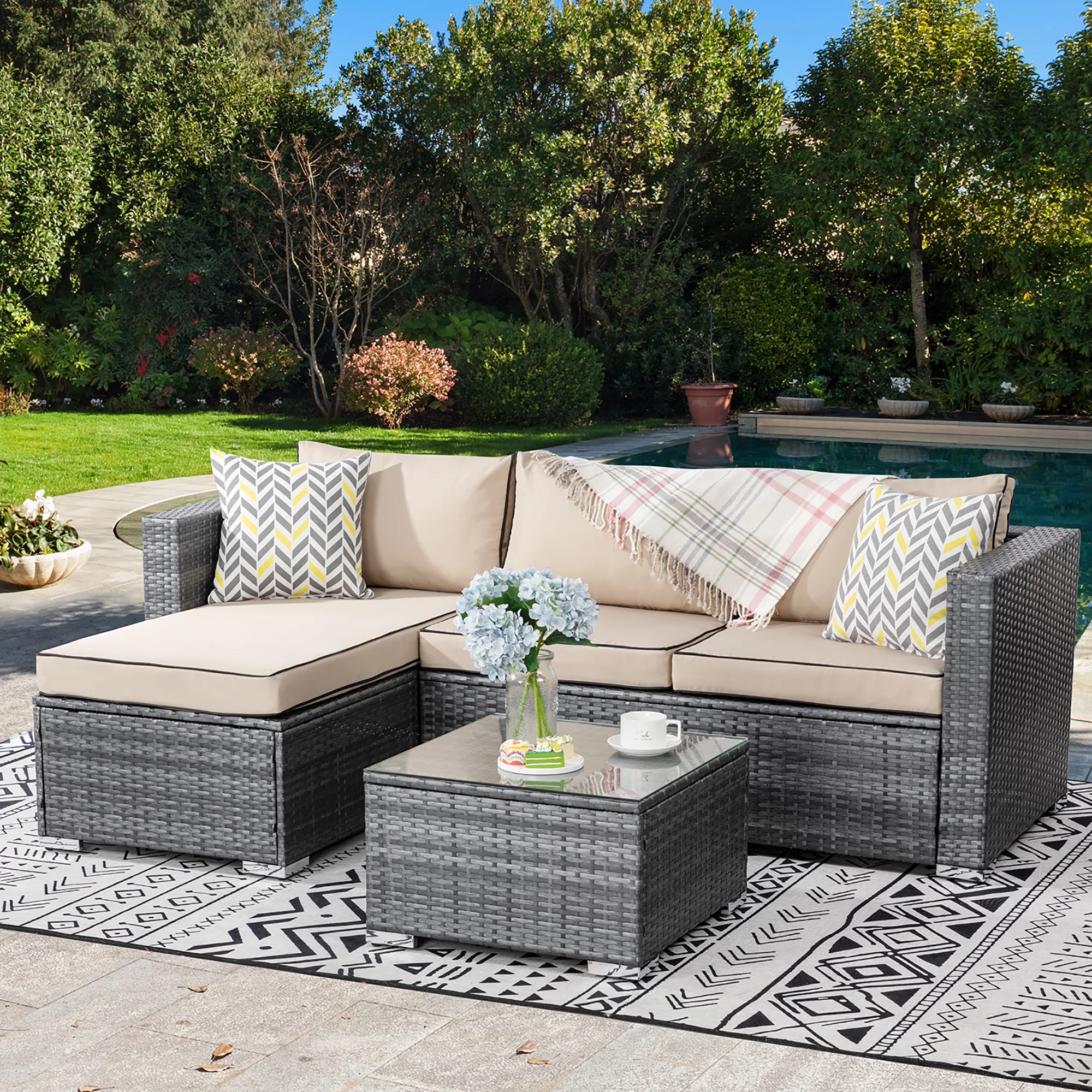 Walsunny 3 Piece Aegean Blue Outdoor Furniture Sectional Sofa Patio Set Silver Gray Rattan Wicker