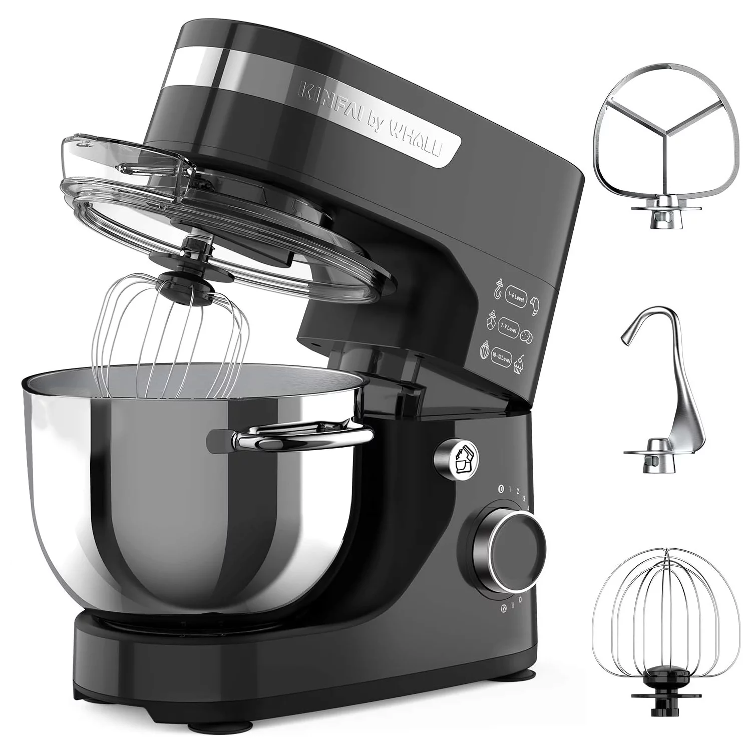 WHALL Stand Mixer – 5.5Qt 12-Speed Tilt-Head Electric Kitchen Mixer with Dough Hook/Wire Whip/Beater, Stainless Steel Bowl (Black)