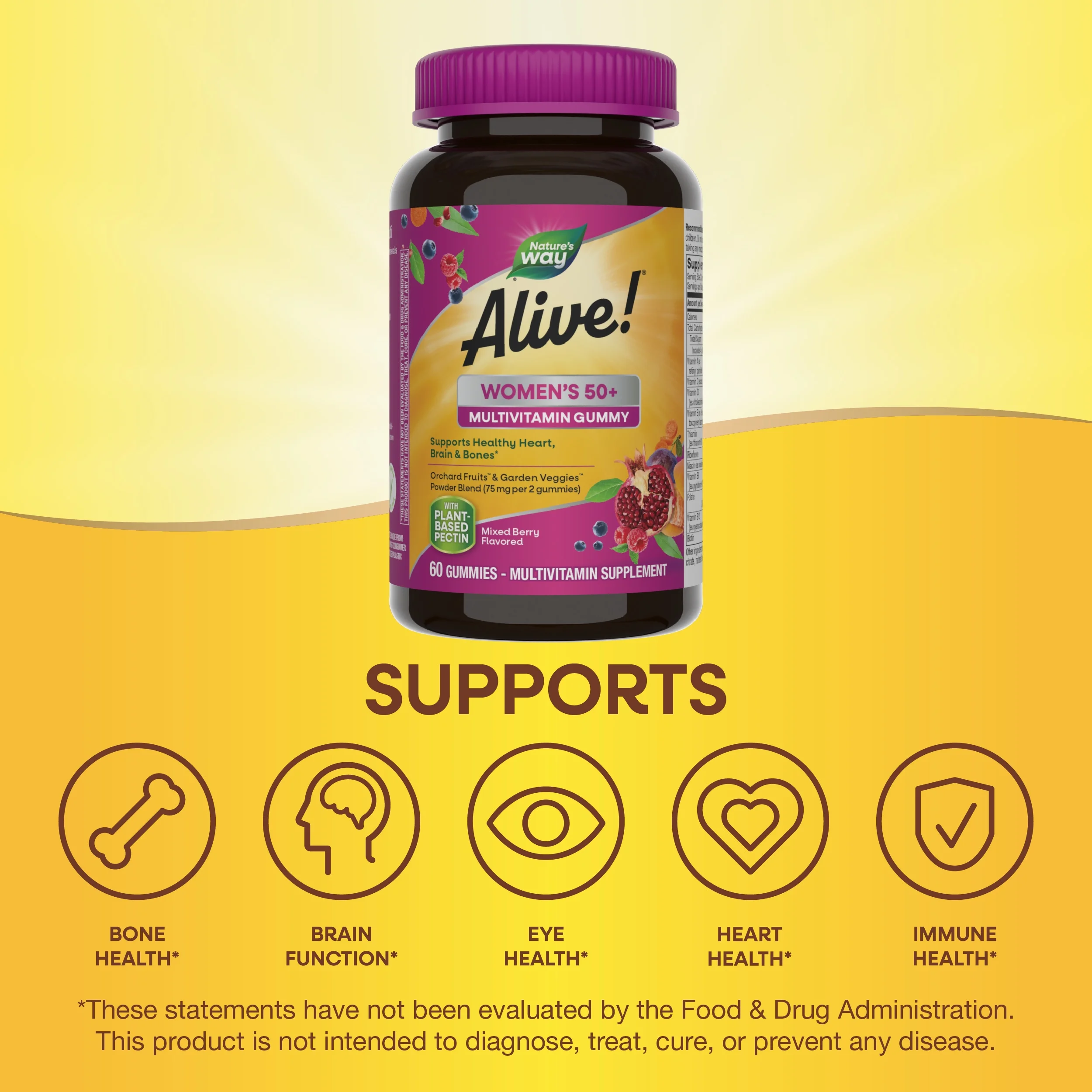 Nature’s Way Alive! Women’s 50+ Gummy Multivitamin, B-Vitamins, Mixed Berry Flavored, 60 Count