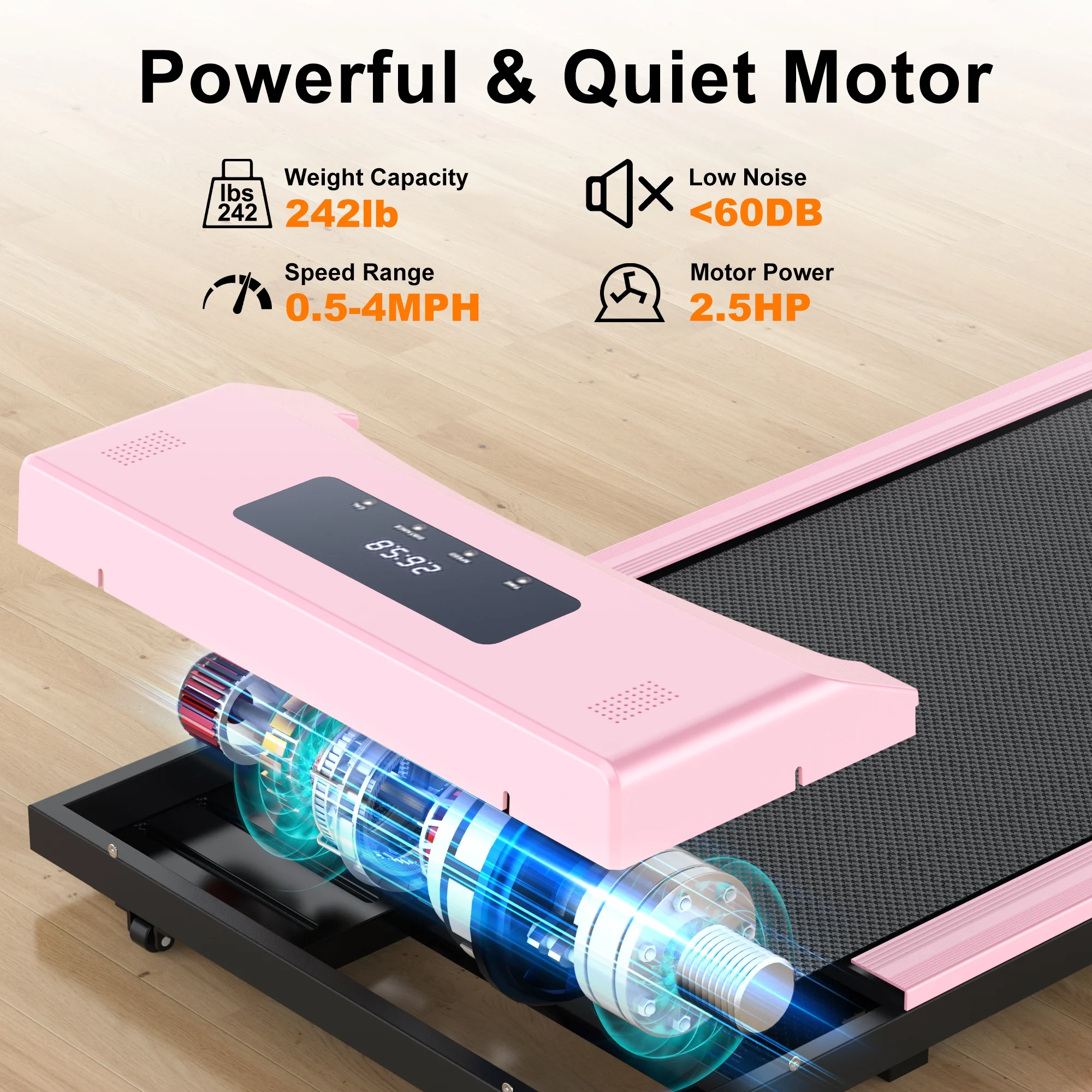 Tikmboex 2.5HP Under Desk Treadmill with LED Display Wireless Remote Control .38.5″ x 15″ Quiet & Compact Walking Pad for Home Office, Pink