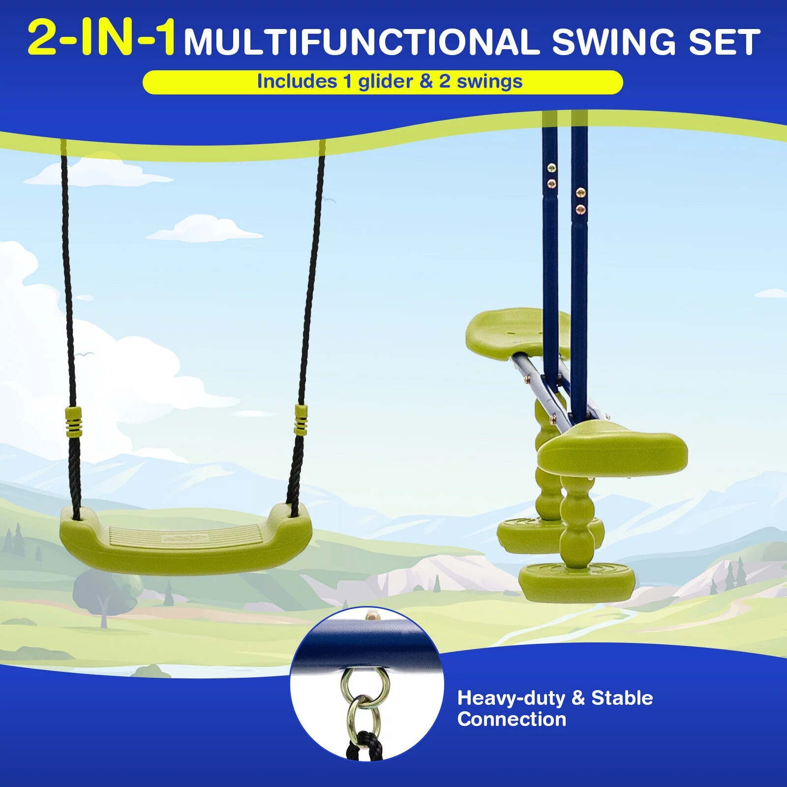 Vicamelia 440 lbs 2 Seat 1 Glider Kids Swing Set Heavy Duty Metal Swing Frame for Backyard