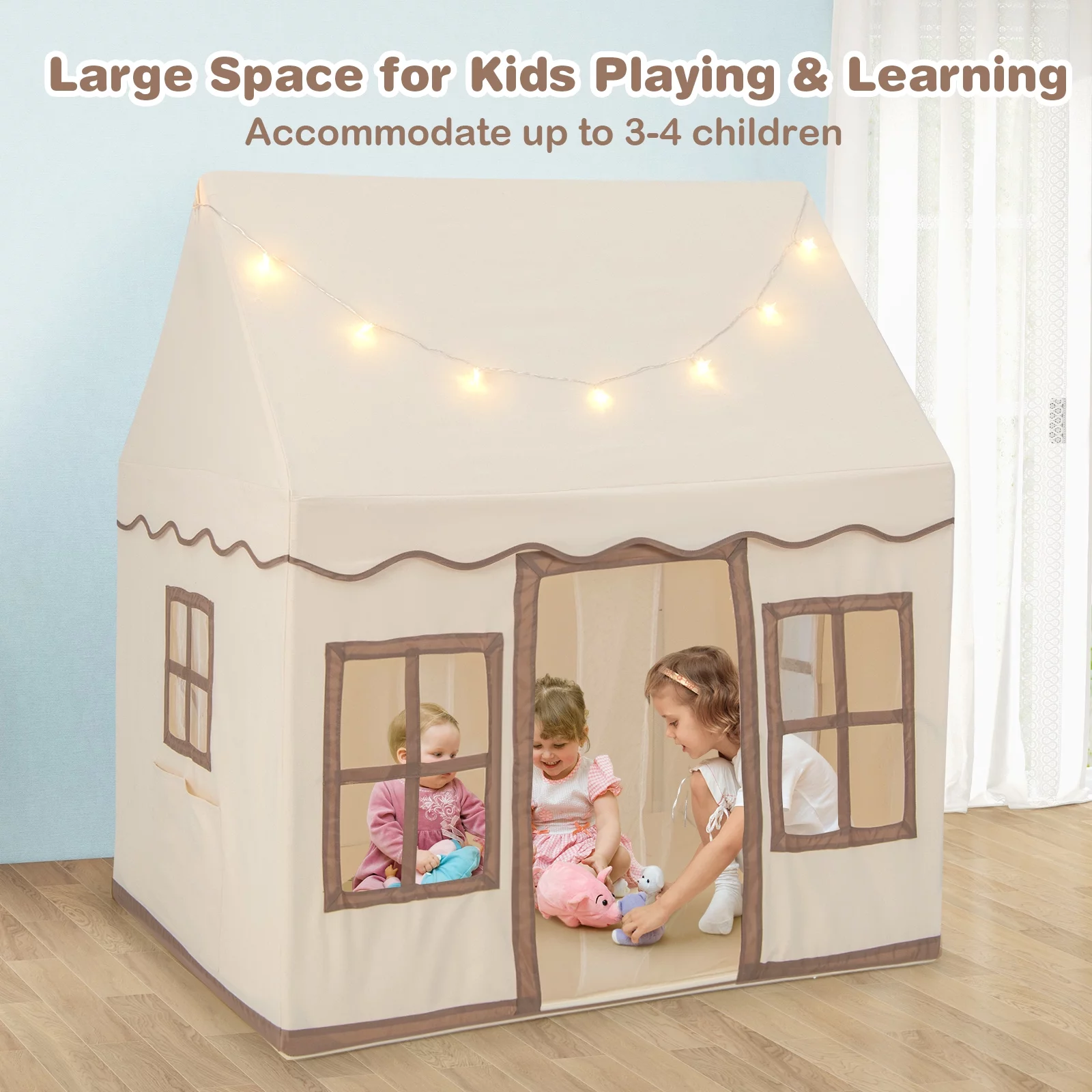 Costway Kids Play Castle Tent Large Playhouse Toys Gifts with Star Lights Washable Mat Beige