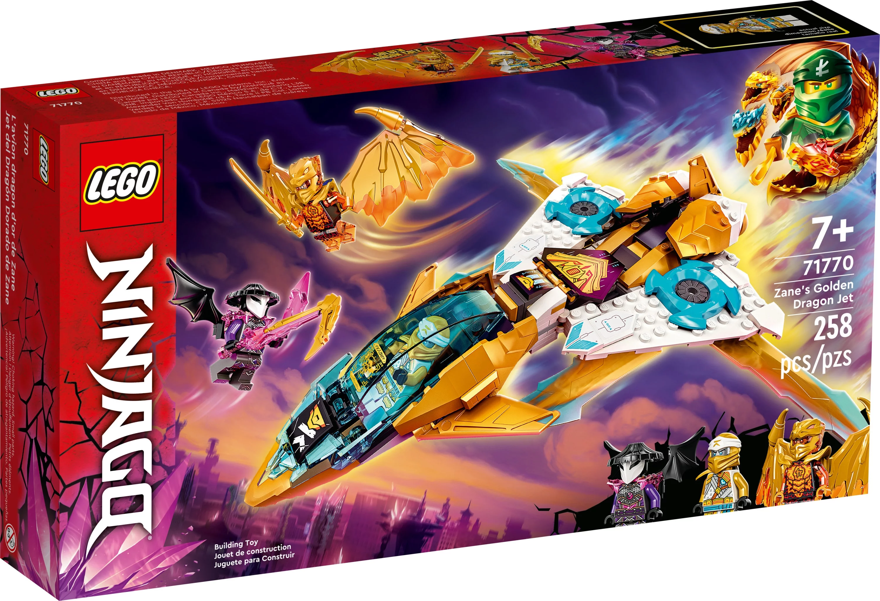 LEGO NINJAGO Zane’s Golden Dragon Jet, 71770 Toy Plane Set, Birthday Gift Idea for Kids, Boys and Girls 7 Plus Years Old with Cole & Zane Minifigures