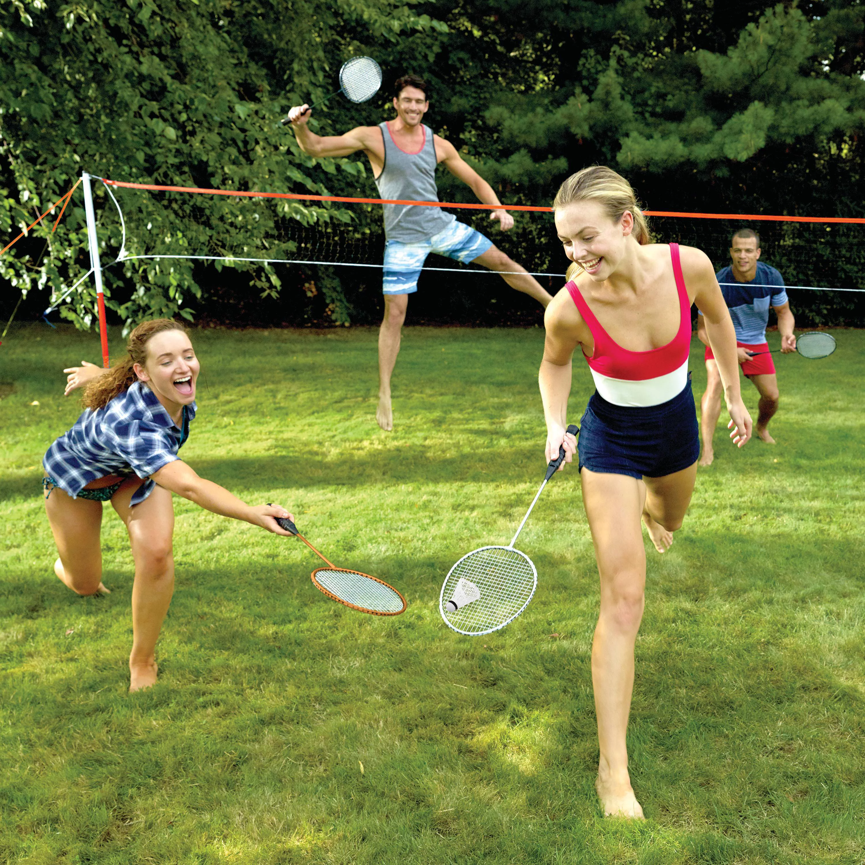 Franklin Sports Badminton Net Starter Set – Includes 4 Steel Rackets, 2 Birdies, Adjustable Net and Stakes – Backyard or Beach Badminton Set – Easy Net Setup