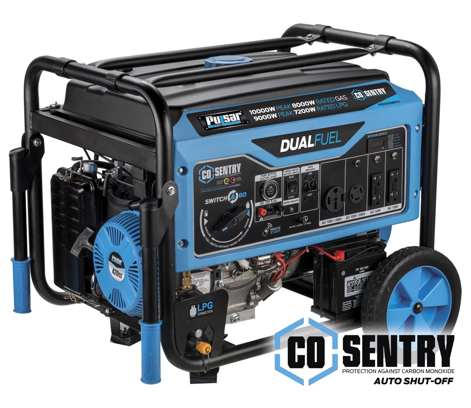 Pulsar 10,000 Watt Dual Fuel Portable Generator with Remote Start and CO Sentry