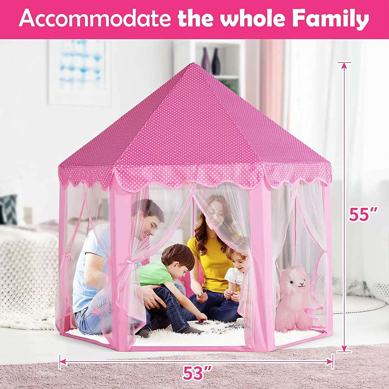 Castle Tent for Girls, Play Tents for Kids Hexagon Playhouse with Fairy Star Lights Toys for Indoor and Outdoor Games