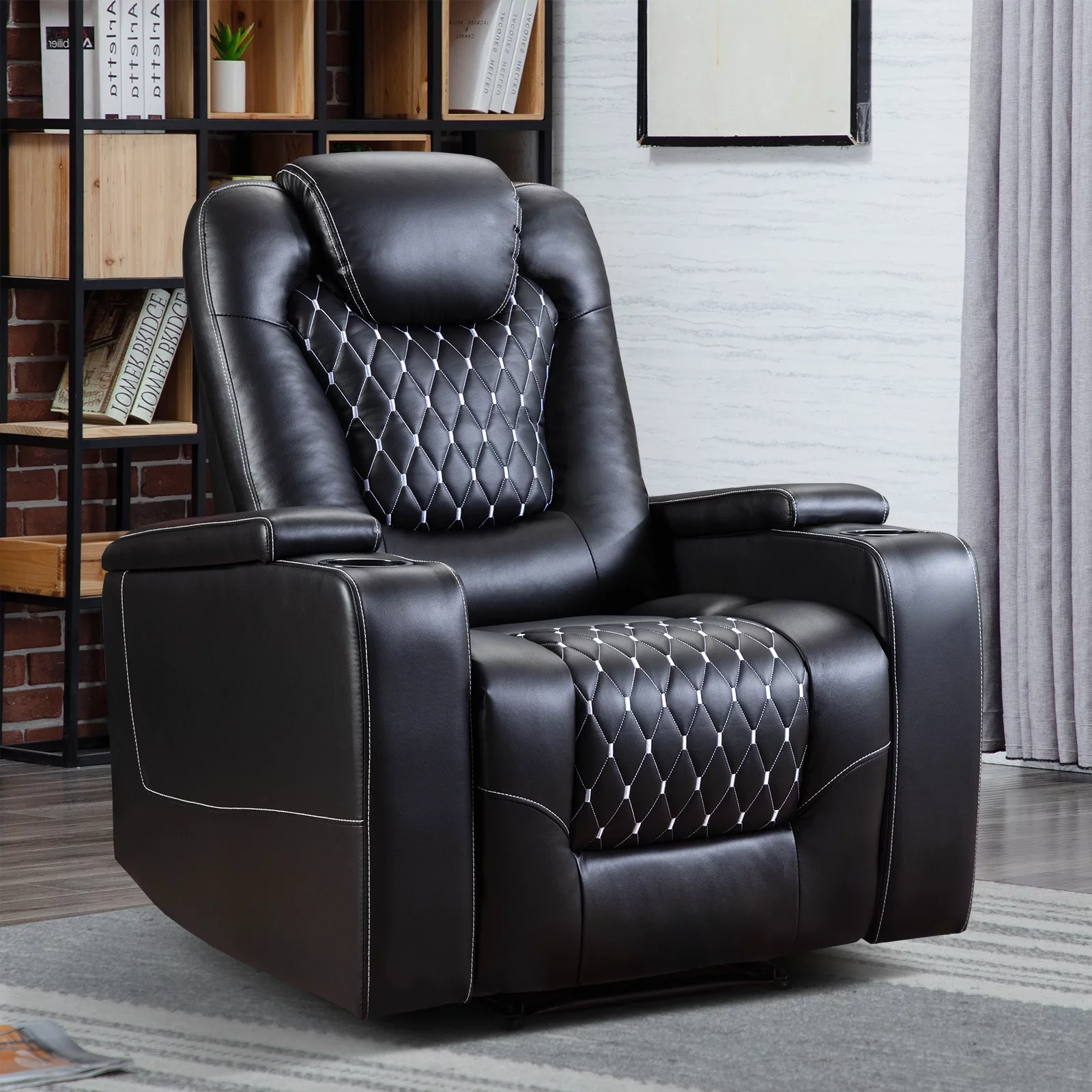 Bonzy Home Overstuffed Electric Home Theater Seating PU Leather Reclining Furniture with with USB Ports and Cup Holders and Hidden Arm Storage – Black