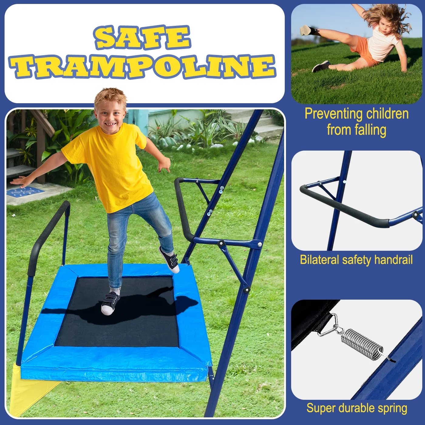 5 In 1 Multi Functions Swing Set for Backyard, Heavy Duty Metal Playground Set for Kids with Slide, Trampoline, Two Swing Seats and Glider