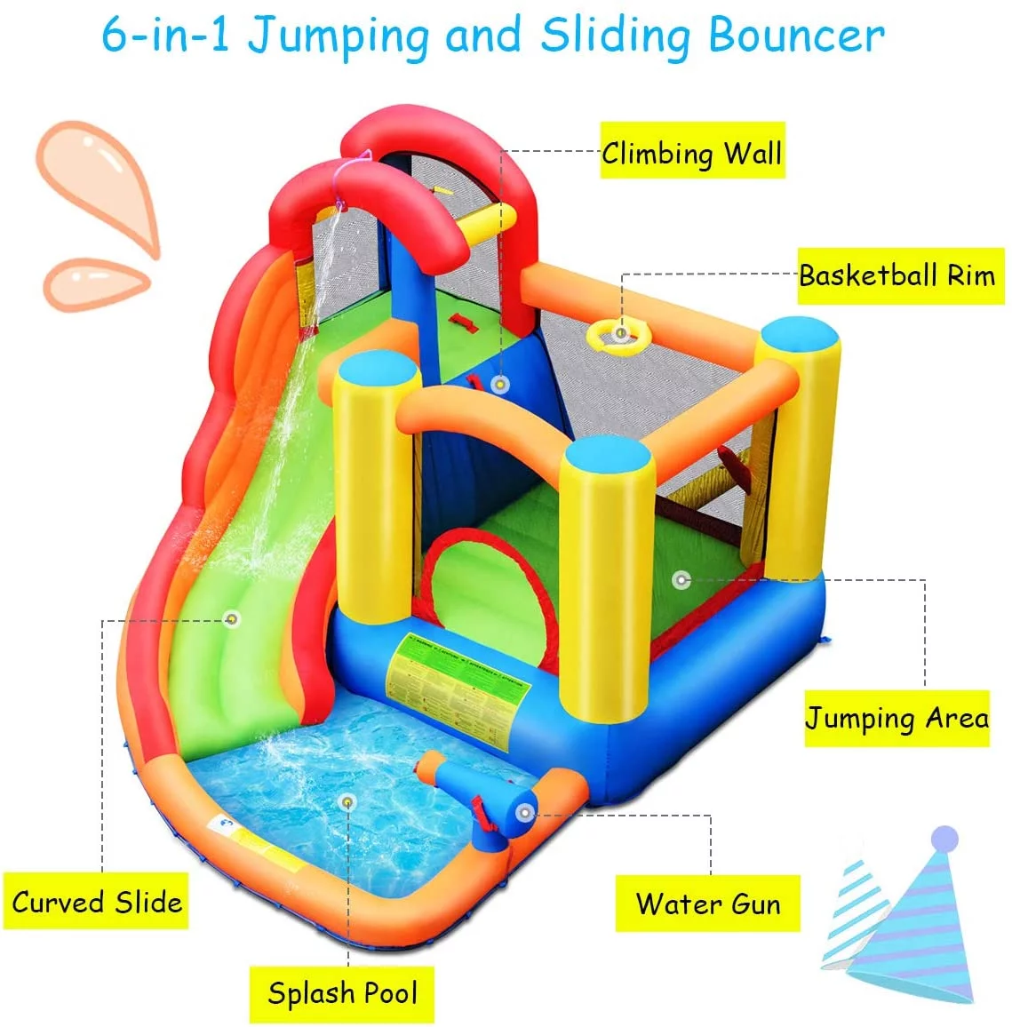 Inflatable Water Slide Bounce House, 6 in 1 Kids Water Slide Jumping Castle for Family Fun w/Splash Pool, Blow up Water Slides for Kids Toddlers Boys Girls Backyard