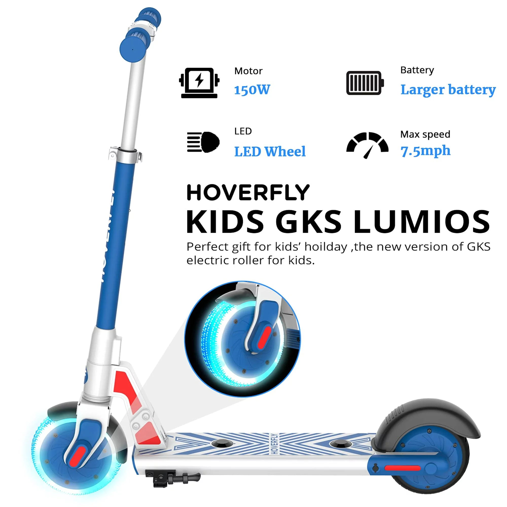 HOVERFLY GKS Lumios Electric Scooter with 6″ LED Wheel, 150W 7.5mph E-Scooter for Kids Unisex Age 6-12, Gray